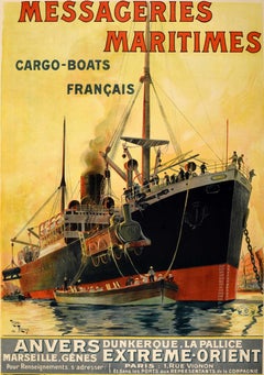 Original Antique Poster Messageries Maritimes Extreme Orient Cargo Ships Rudaux