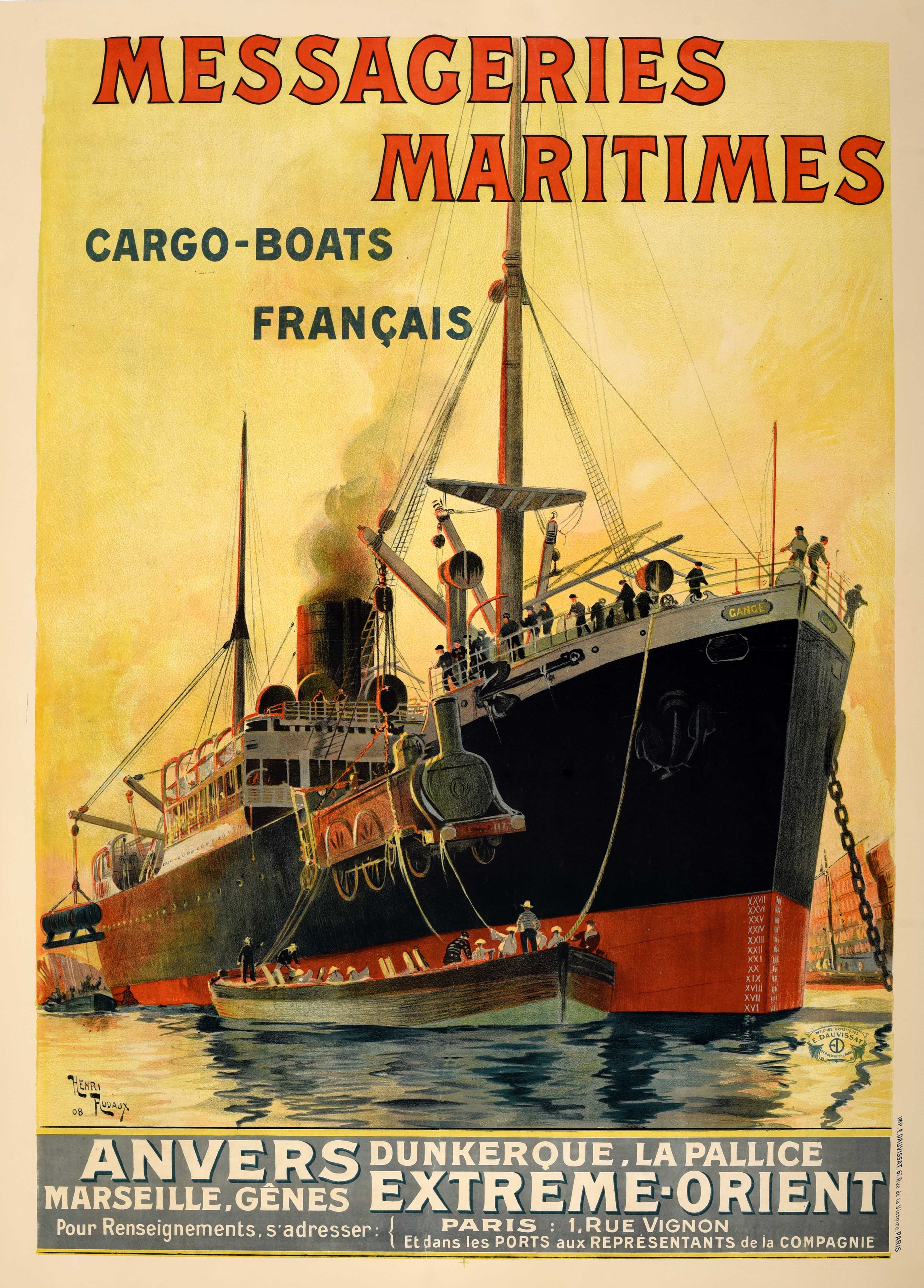 Original Antique Poster Messageries Maritimes Extreme Orient Cargo Ships Rudaux