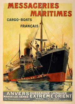 Original Antique Poster Messageries Maritimes Extreme Orient Cargo Ships Rudaux