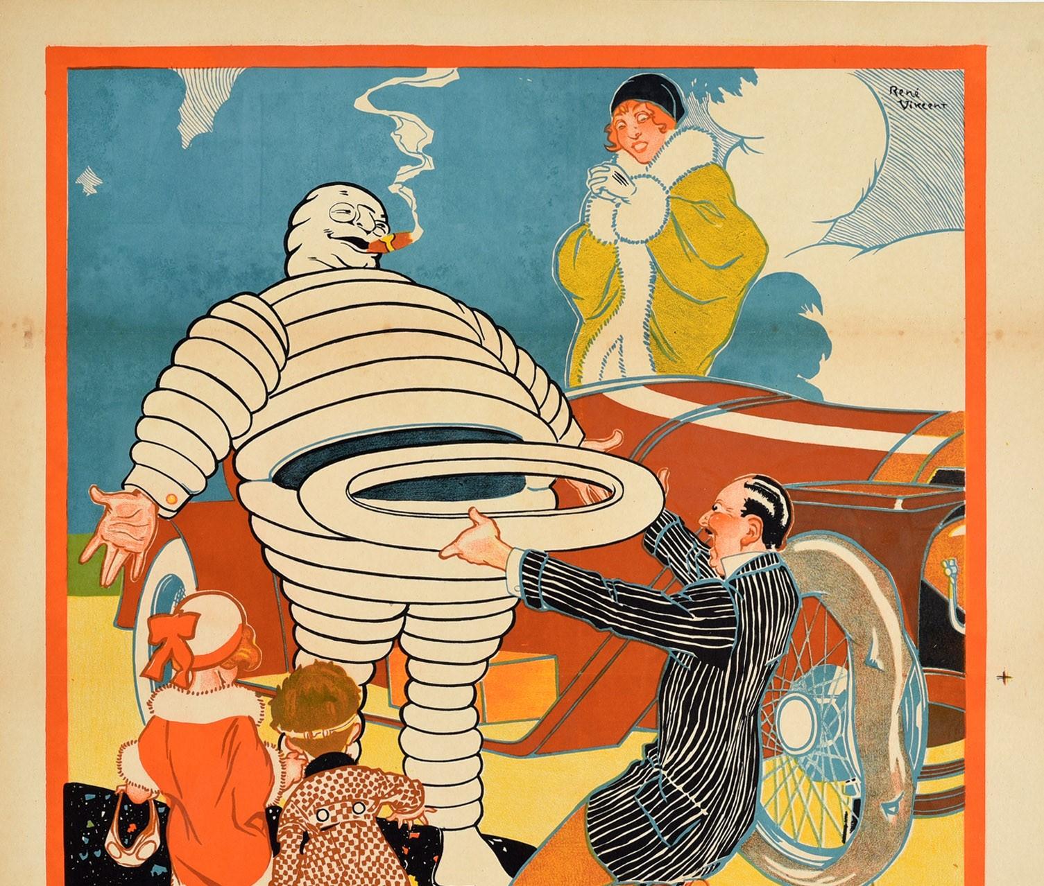 Original antique advertising poster for Michelin tyres featuring a great illustration by Rene Vincent (1879-1936) showing the trademark Bibendum character - the iconic Michelin Man figure made from tires - smoking a cigar and smiling as he offers a