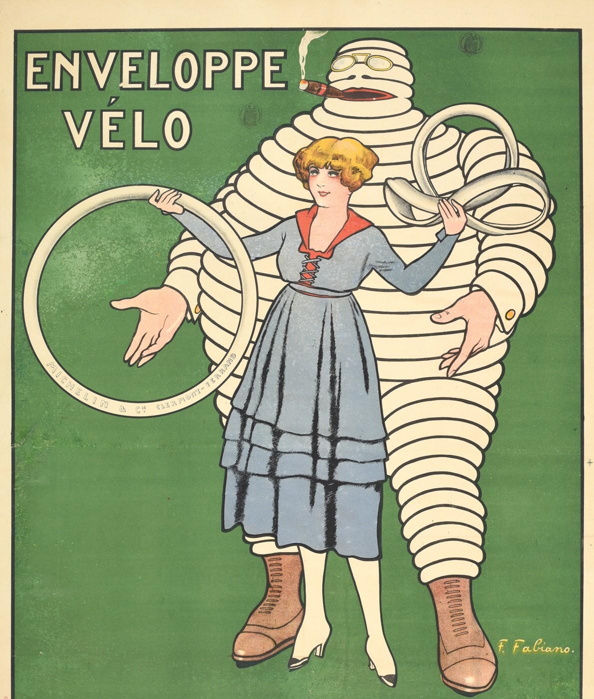 Original antique Michelin poster advertising bicycle tyres - Enveloppe Velo Michelin - featuring a great design by Fabien Fabiano (1882-1962) depicting the Bibendum / Michelin Man character made out of white tyres and smoking a cigar and wearing