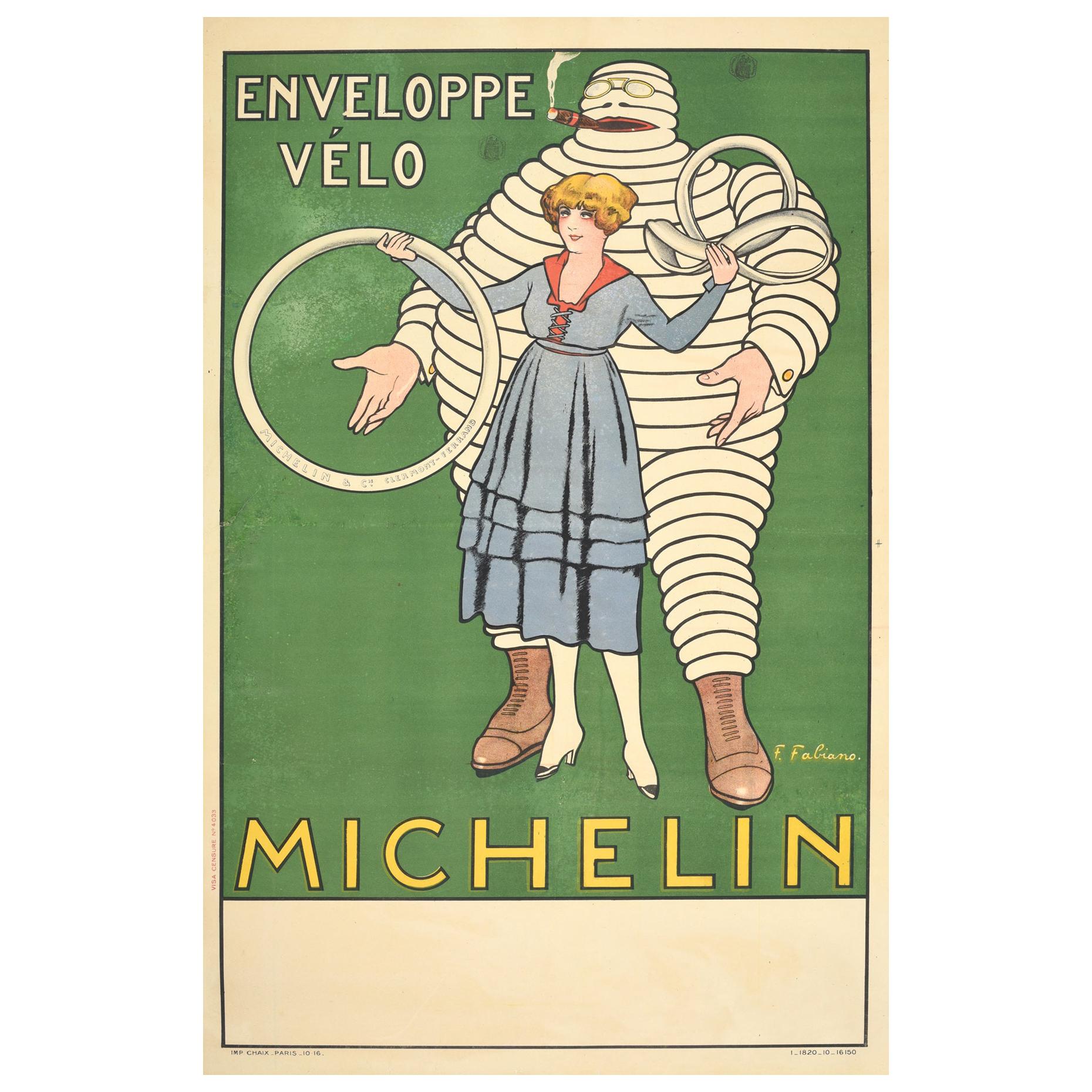 Original Antique Poster Michelin Man Bicycle Tyres Tires Iconic Bibendum Design