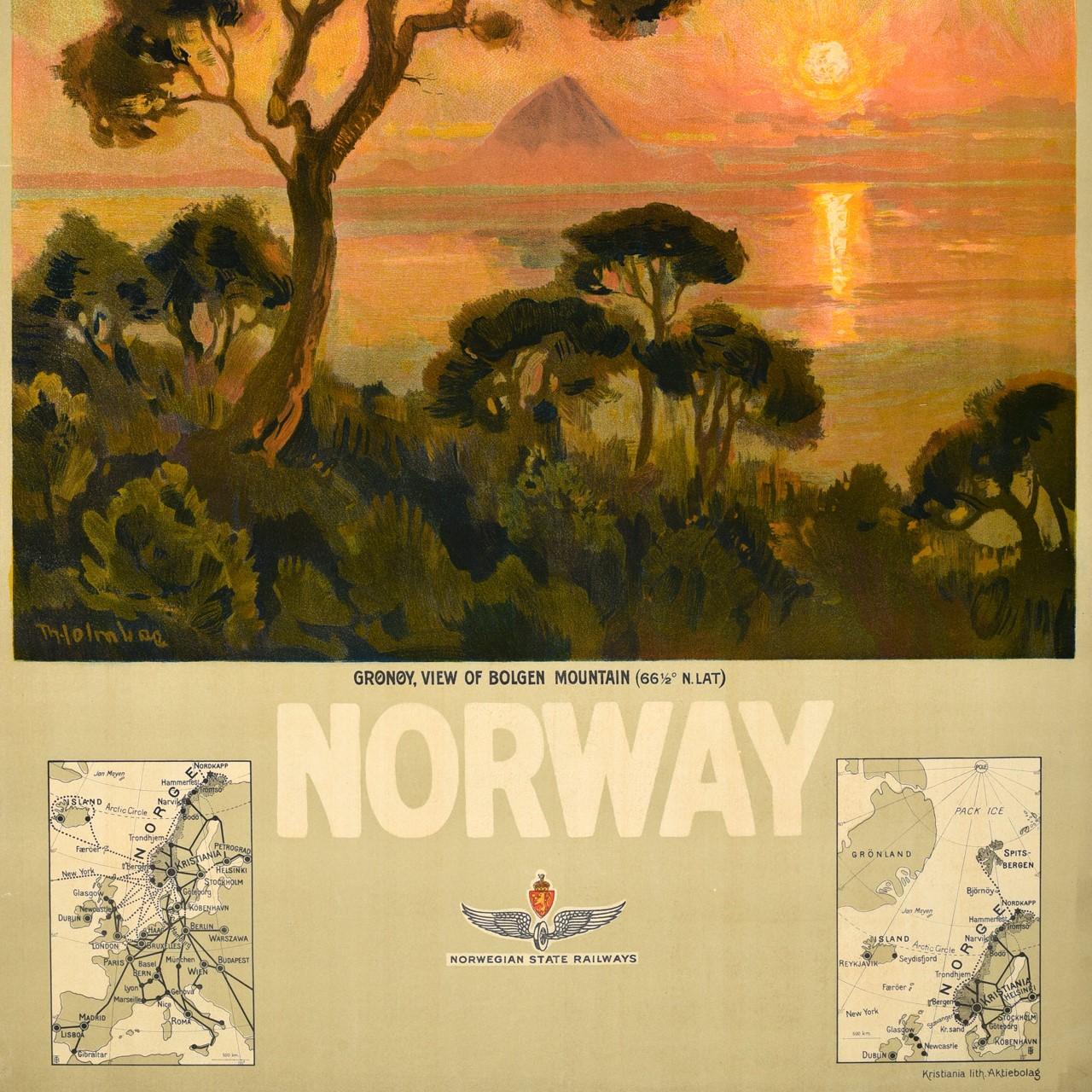Norwegian Original Antique Poster Midnight Sun Norway Travel Gronoy Bolgen Mountain View For Sale