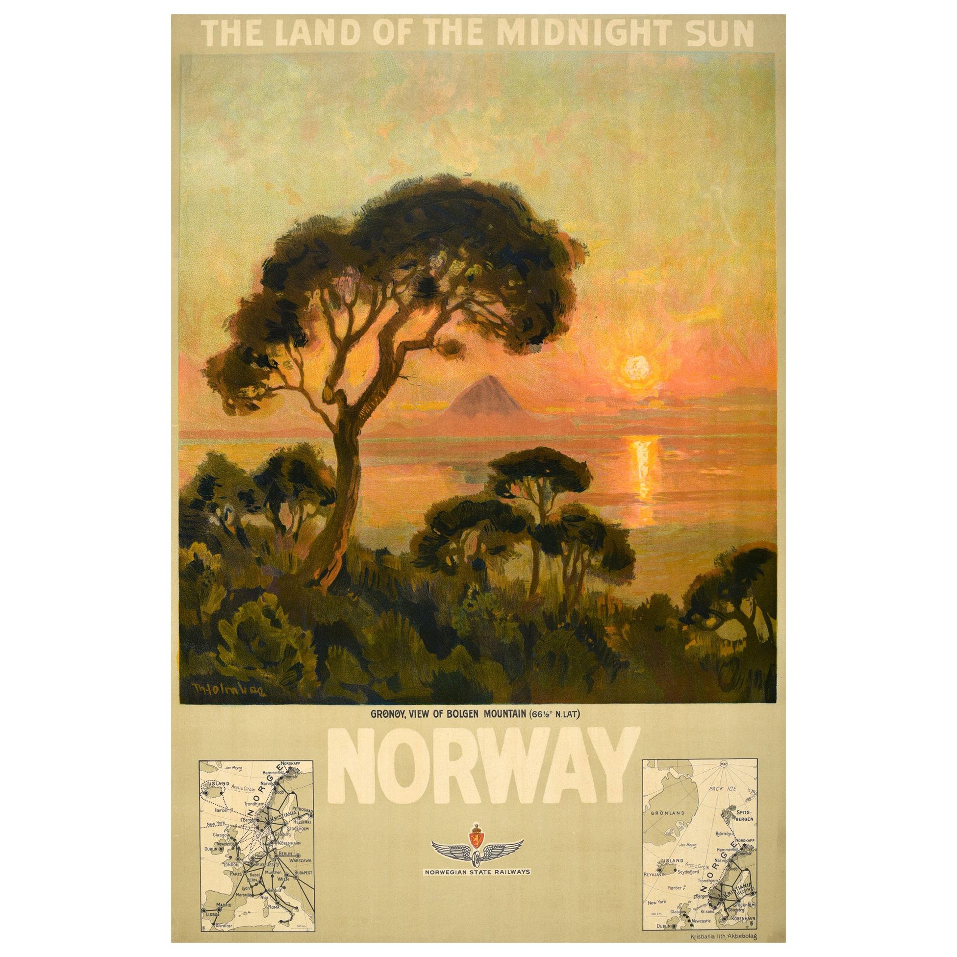 Affiche vintage d'origine, Soleil de minuit en Norvège, Vue de la montagne Bolgen depuis l'île de Gronoy