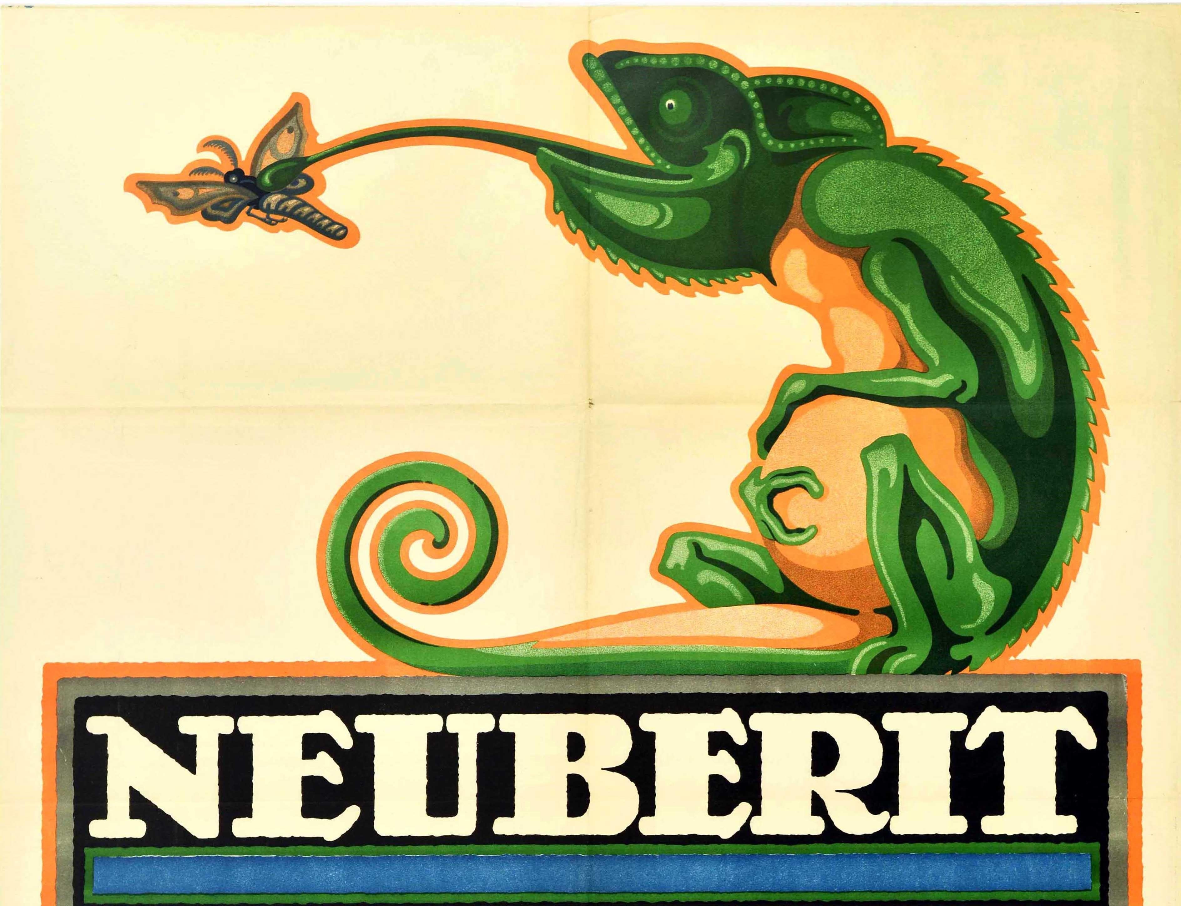 Original antique advertising poster for Neuberit moth and insect repellent featuring great artwork depicting a chameleon catching a bug with its tongue above the stylised text box - Neuberit bestes schutzmittel gegen motten und insekten Vollkommener