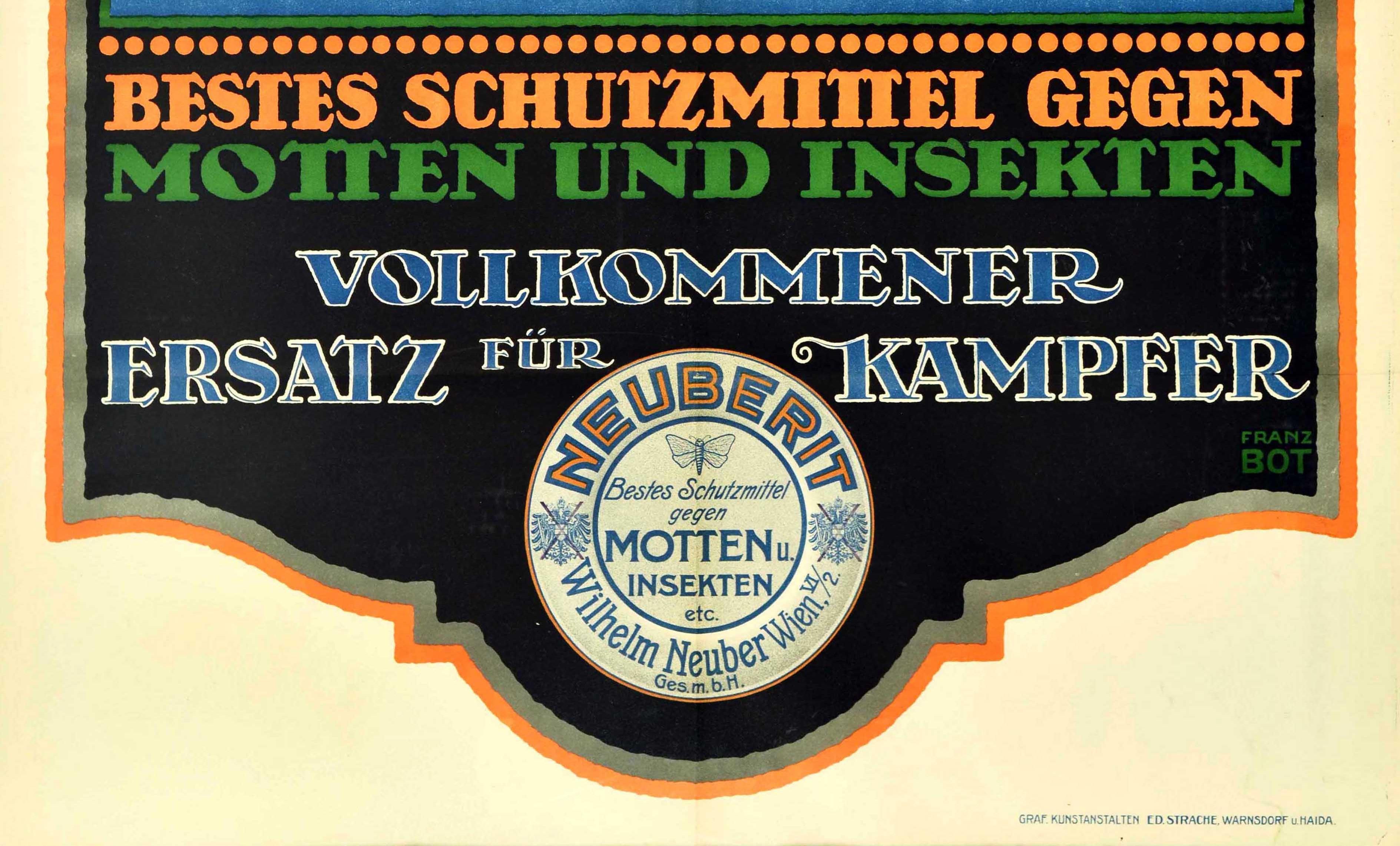 Austrian Original Antique Poster Neuberit Moth Insect Repellent Chameleon Design Insekten For Sale