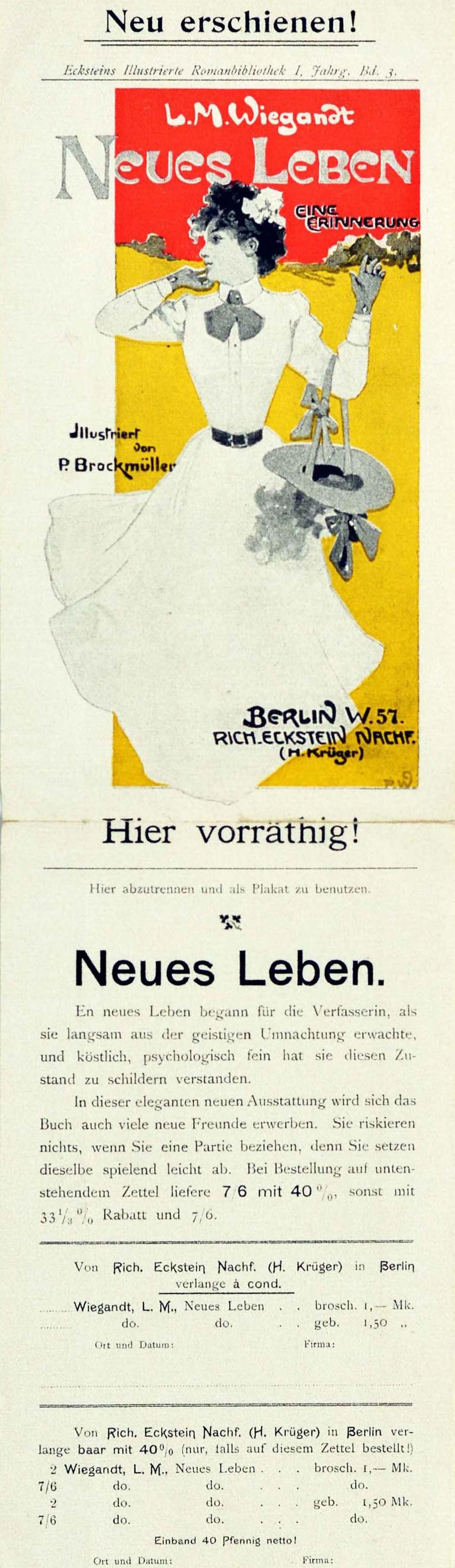 German Original Antique Poster Neues Leben New Life A Memory Illustrated Novel Book Ad