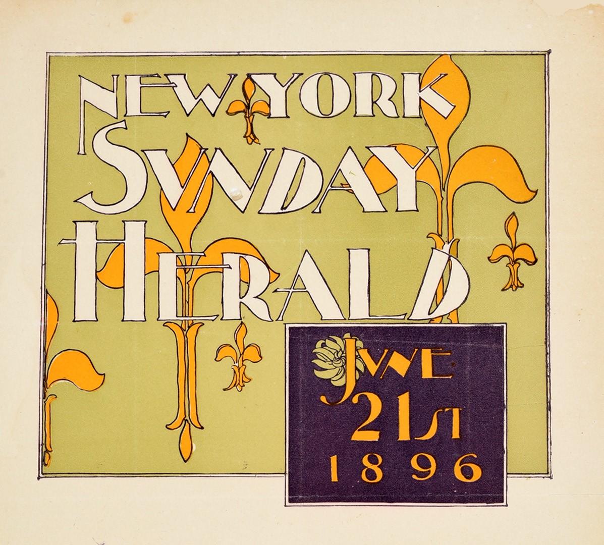 Original antique journal advertising poster for the New York Sunday Herald June 21st 1896 featuring a colourful Art Nouveau design of orange fleur de lis against a pale green background with the stylised lettering and dark date box in front, the