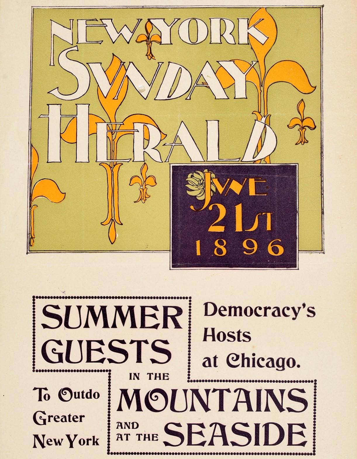 American Original Antique Poster New York Sunday Herald 1896 Summer Fleur De Lis Design