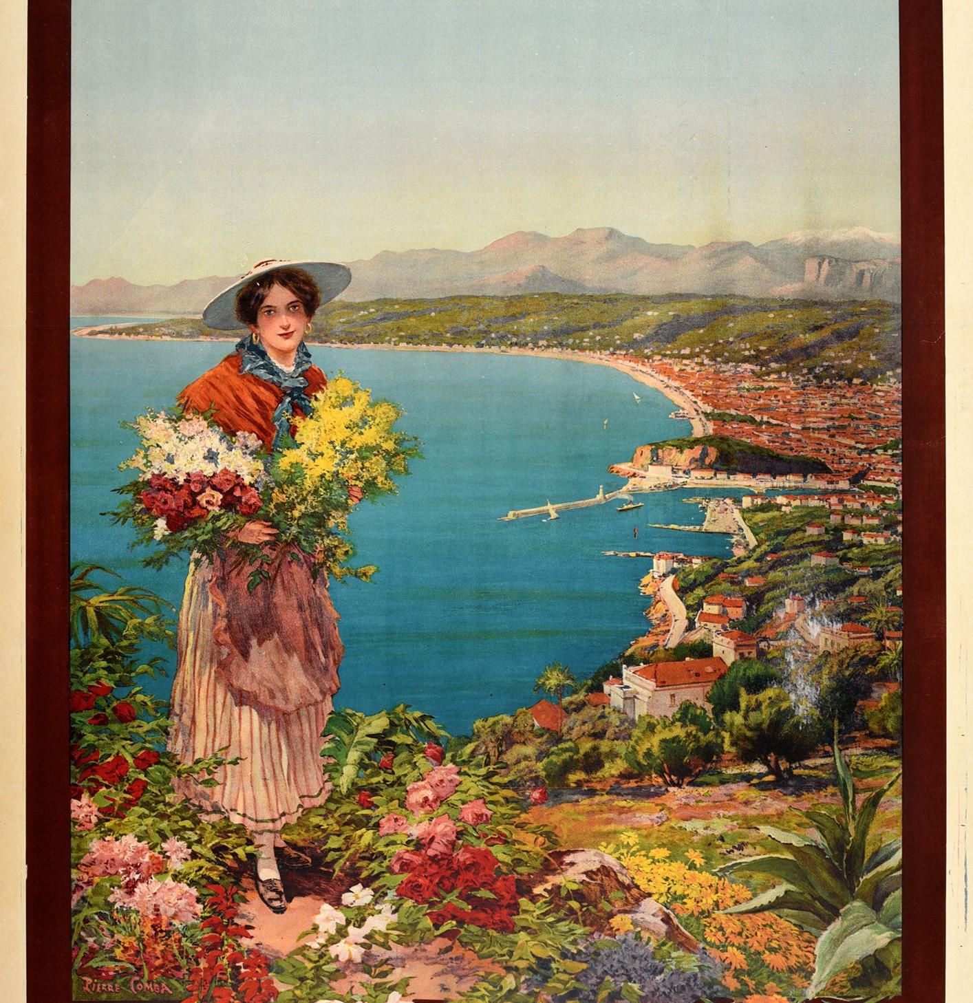 Affiche publicitaire originale pour Nice Reine de la Côte d'Azur Fetes Sports Tourisme / Queen of the French Riviera Holidays Sports Tourism. L'affiche présente une illustration de Pierre Comba (1859-1934) représentant une jeune femme regardant le