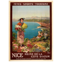 Original Antikes Originalplakat Nice Reine De La Cote D'Azur Französische Riviera Reise Sport