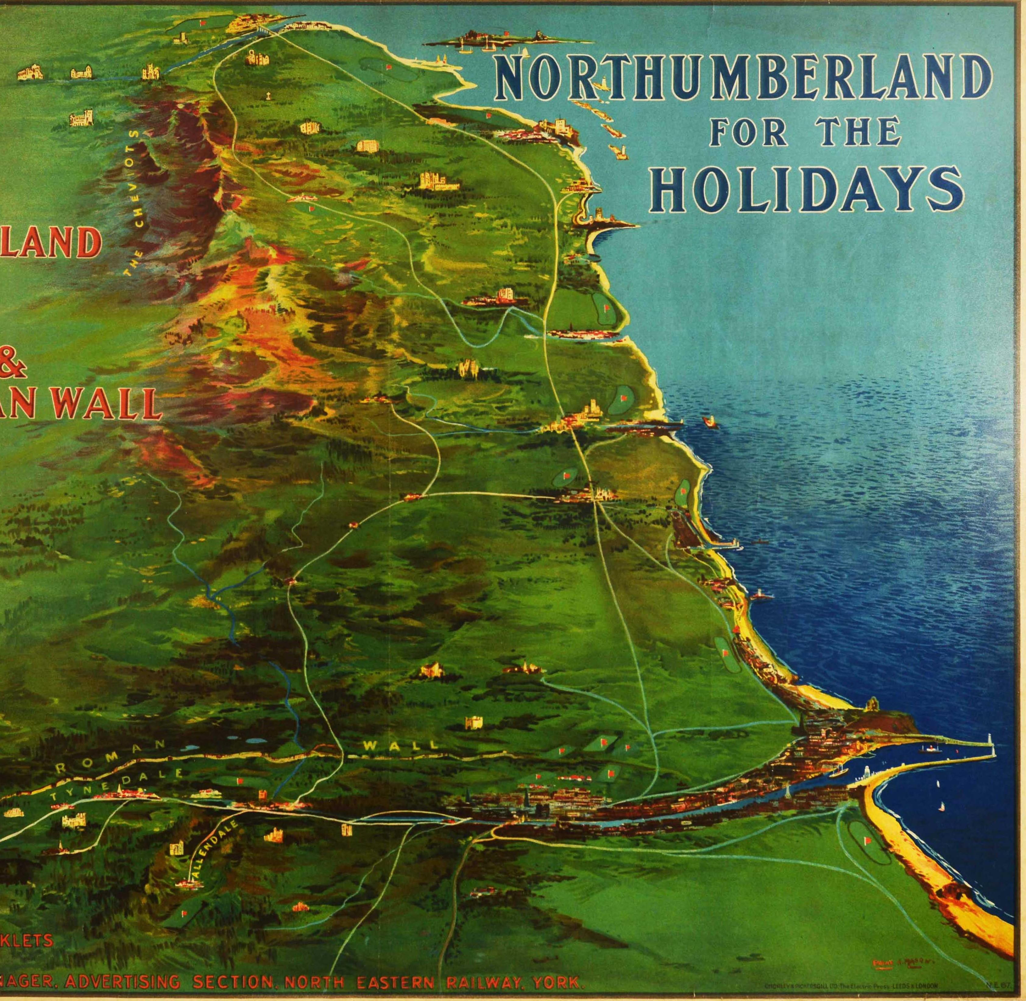 Britannico Poster antico originale Northumberland Holidays Rail Travel Map Golf Roman Wall in vendita