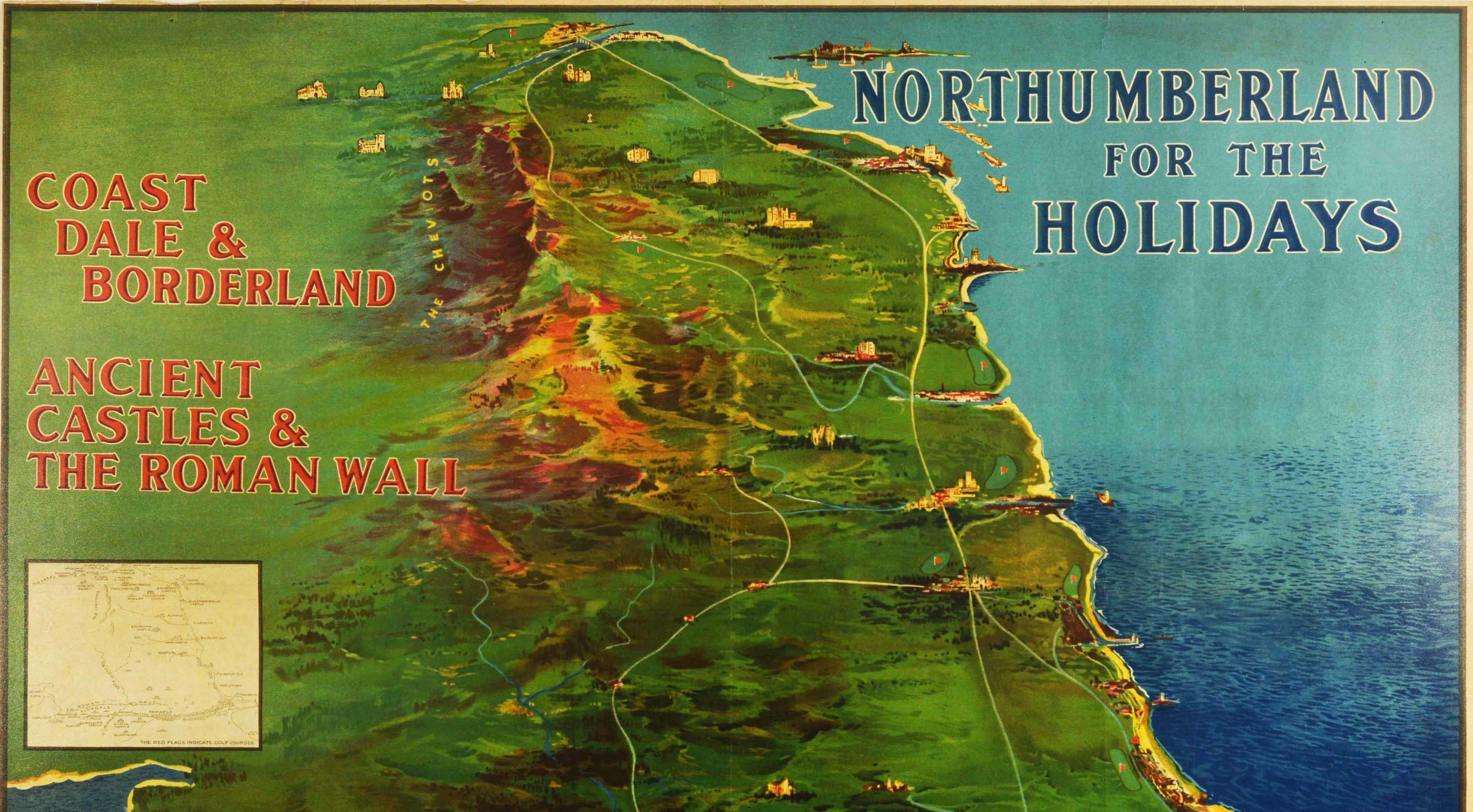 Poster antico originale Northumberland Holidays Rail Travel Map Golf Roman Wall In condizioni buone in vendita a London, GB