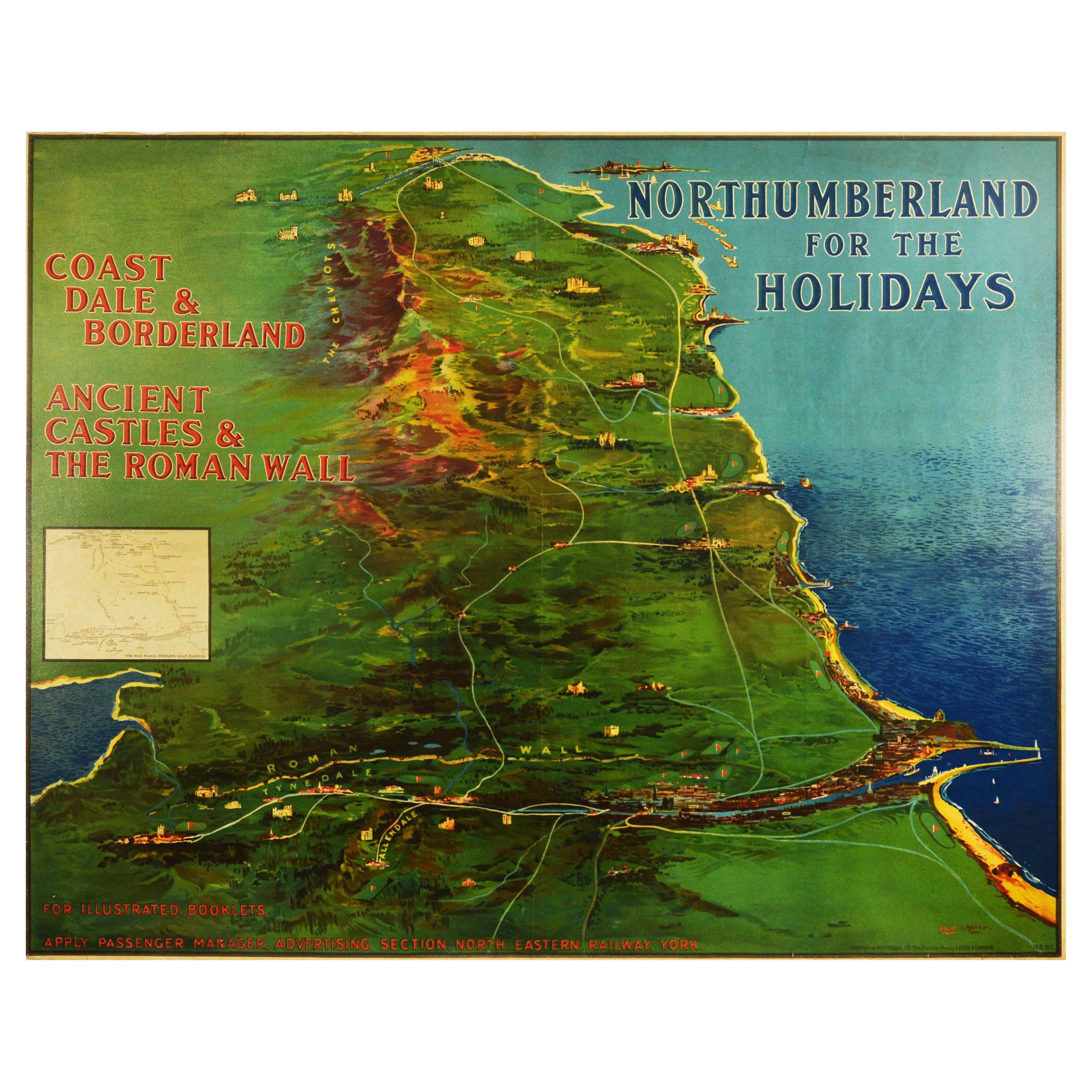 Original Antique Poster Northumberland Holidays Rail Travel Map Golf Roman Wall For Sale