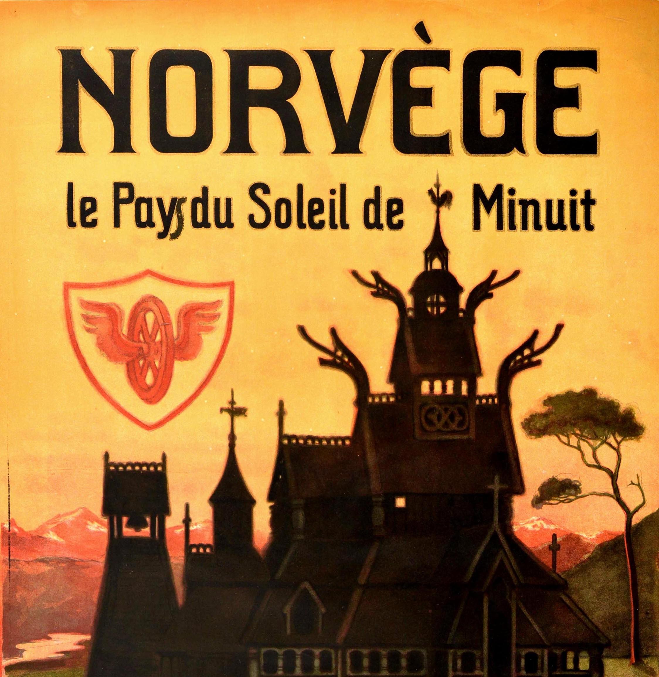 Original antique travel poster for Norway with French text The Land of the Midnight Sun / Norvege le Pays du Soleil de Minuit featuring great artwork by Othar Holmboe (1868-1928) depicting a traditional wooden Norwegian Stavkirke church with snow