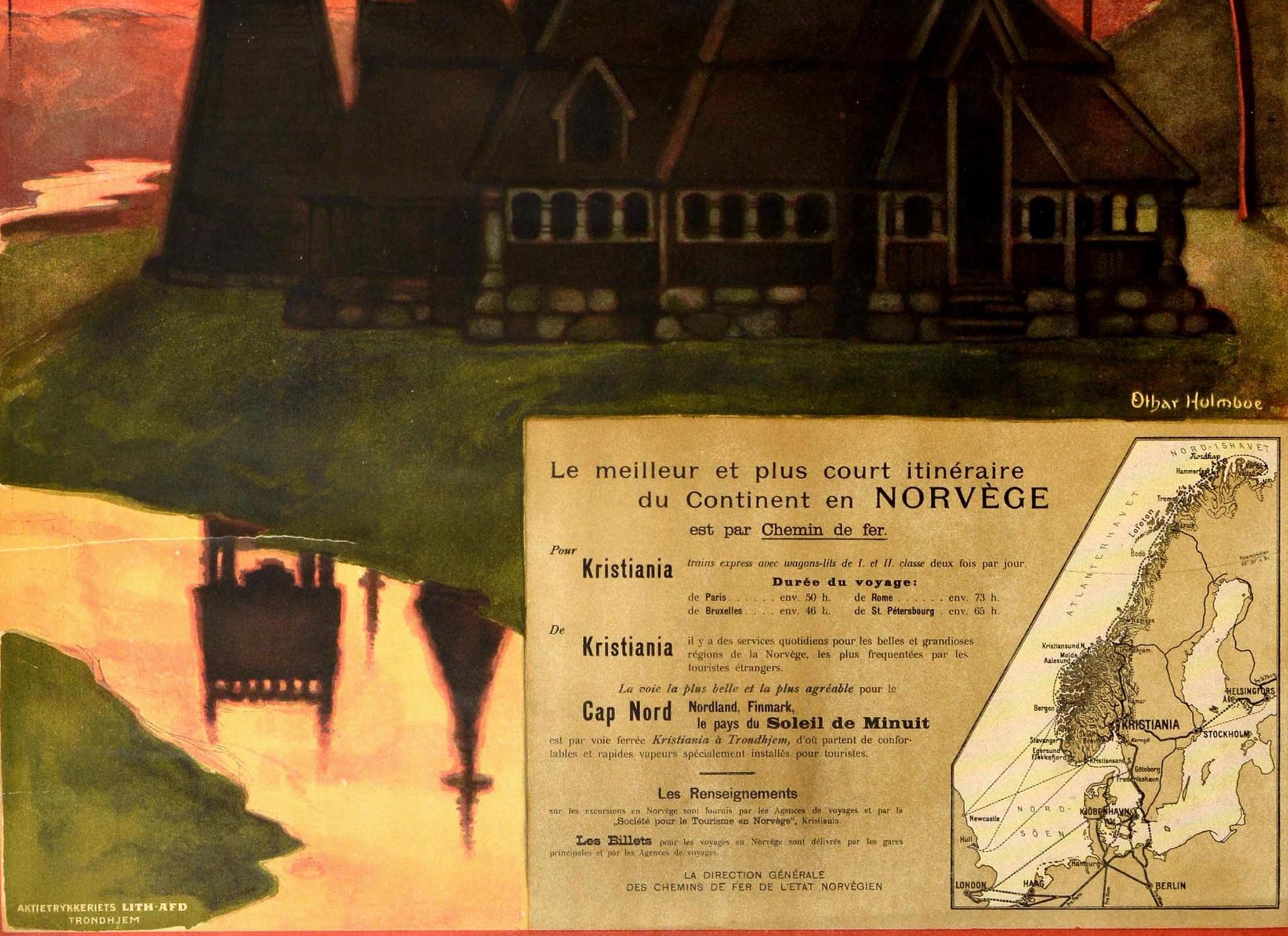Original Antikes Original-Poster Norwegen Norwegen Mitternachtssonne Stavkirke Kirche Reisekarte (Norwegisch) im Angebot