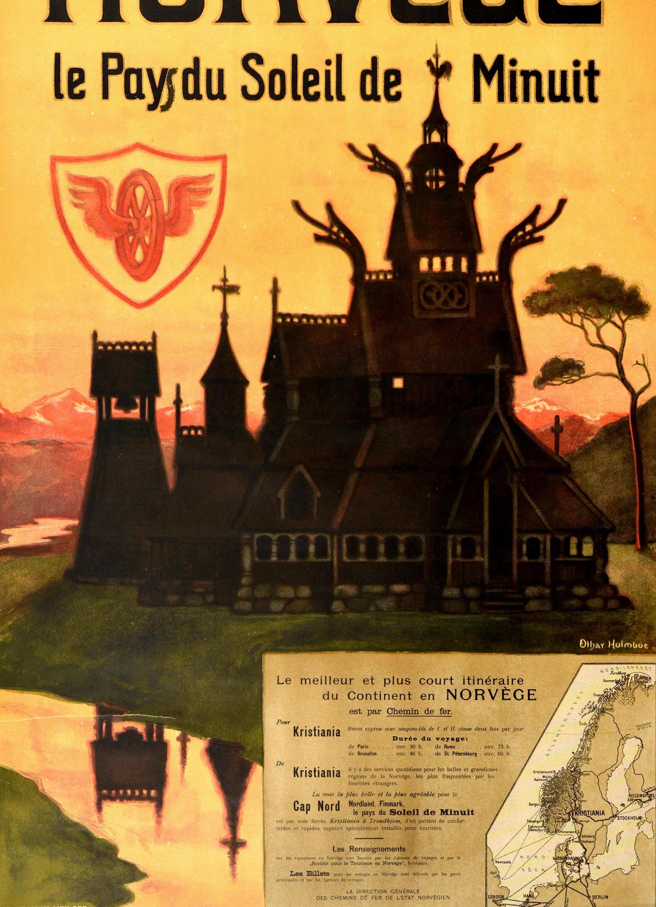 Original Antique Poster Norvege Norway Midnight Sun Stavkirke Church Travel Map In Good Condition For Sale In London, GB