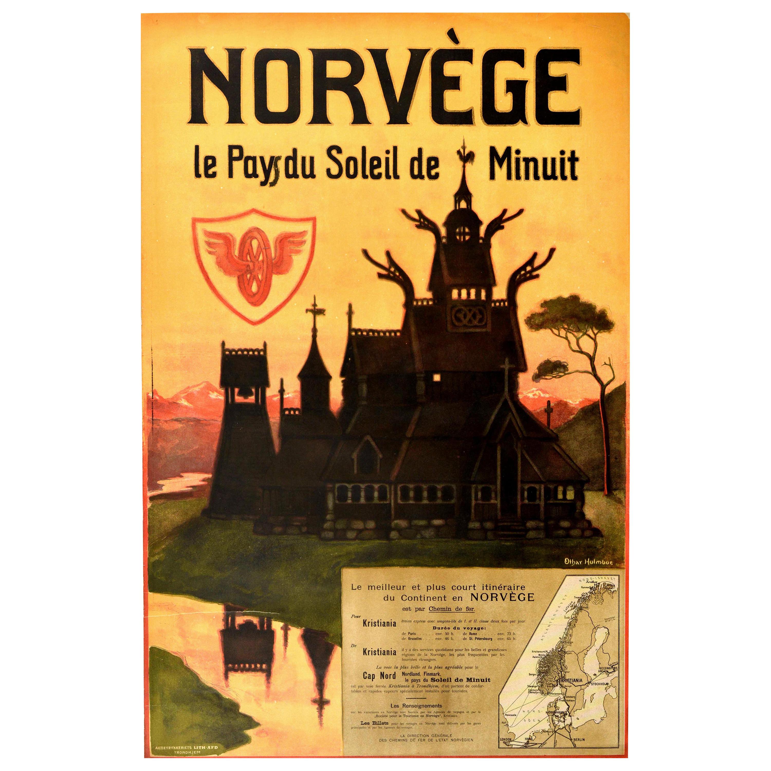 Original Antikes Original-Poster Norwegen Norwegen Mitternachtssonne Stavkirke Kirche Reisekarte im Angebot