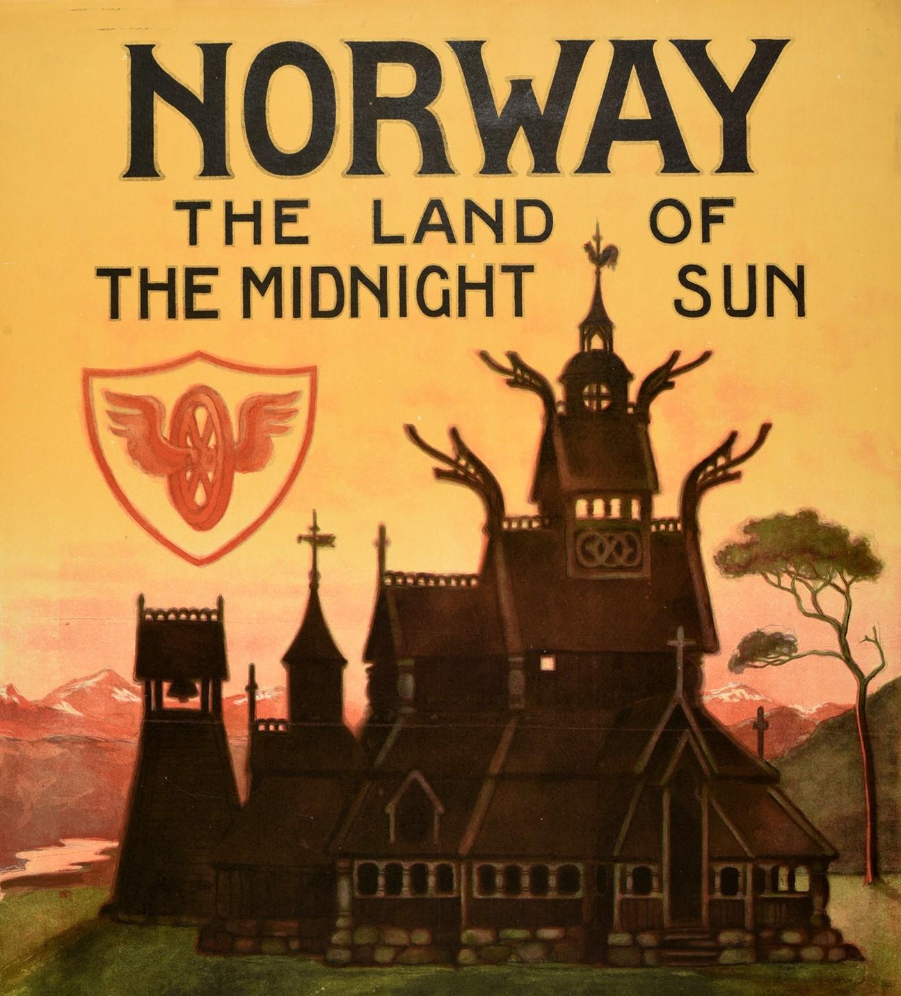 Original antique travel poster for Norway The Land of the Midnight Sun featuring great artwork by Othar Holmboe (1868-1928) depicting a traditional wooden Norwegian Stavkirke church with snow topped mountains in the background, a tree on the side