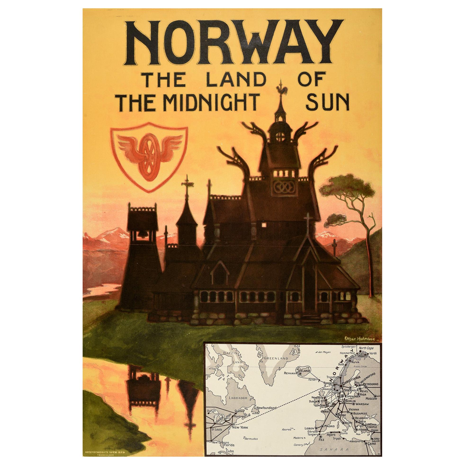 Original Antique Poster Norway The Land Of The Midnight Sun Stavkirke Travel Art