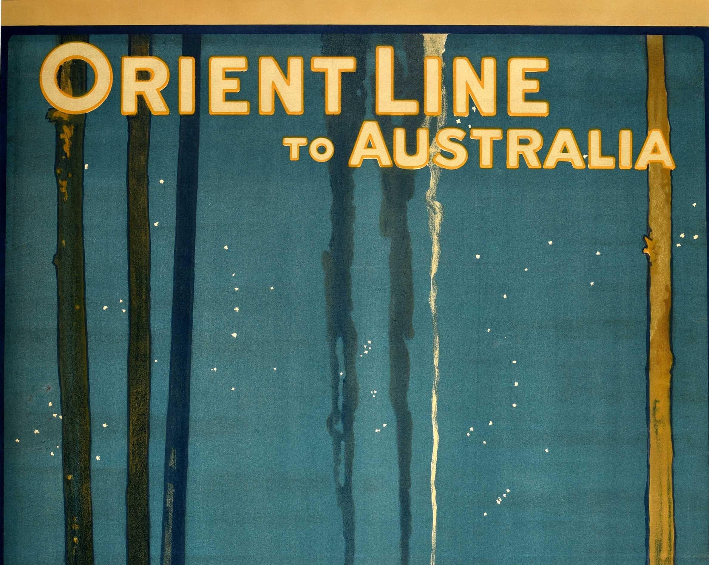 Original antique cruise travel poster for the Orient Line to Australia featuring stunning artwork by the British painter Elijah Albert Cox (1876-1955) depicting three people in colourful clothing and headscarves sitting around the fire at night and