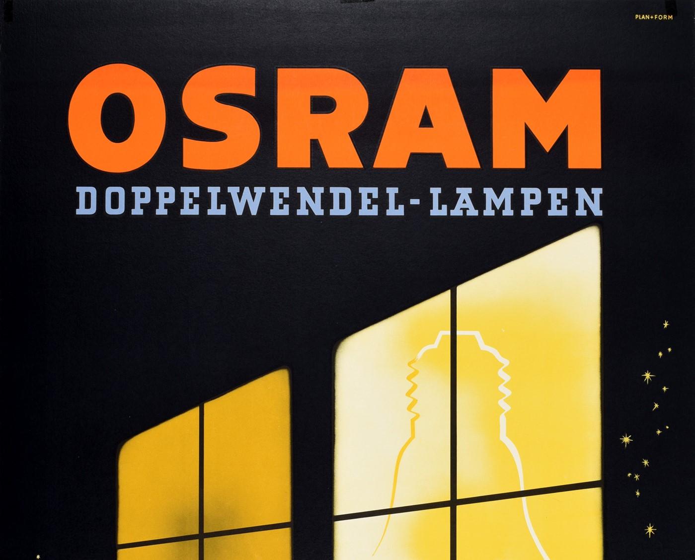 Original antique advertising poster for Osram double filament lamps Shine much brighter / Osram Doppelwendel-Lampen Leuchten Viel Heller featuring a colourful stylised design showing the outline of a light bulb shining behind windows with stars on