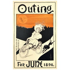 Original Antique Poster Outing Bicycle Number June 1896 Cyclist Dog Moon Artwork