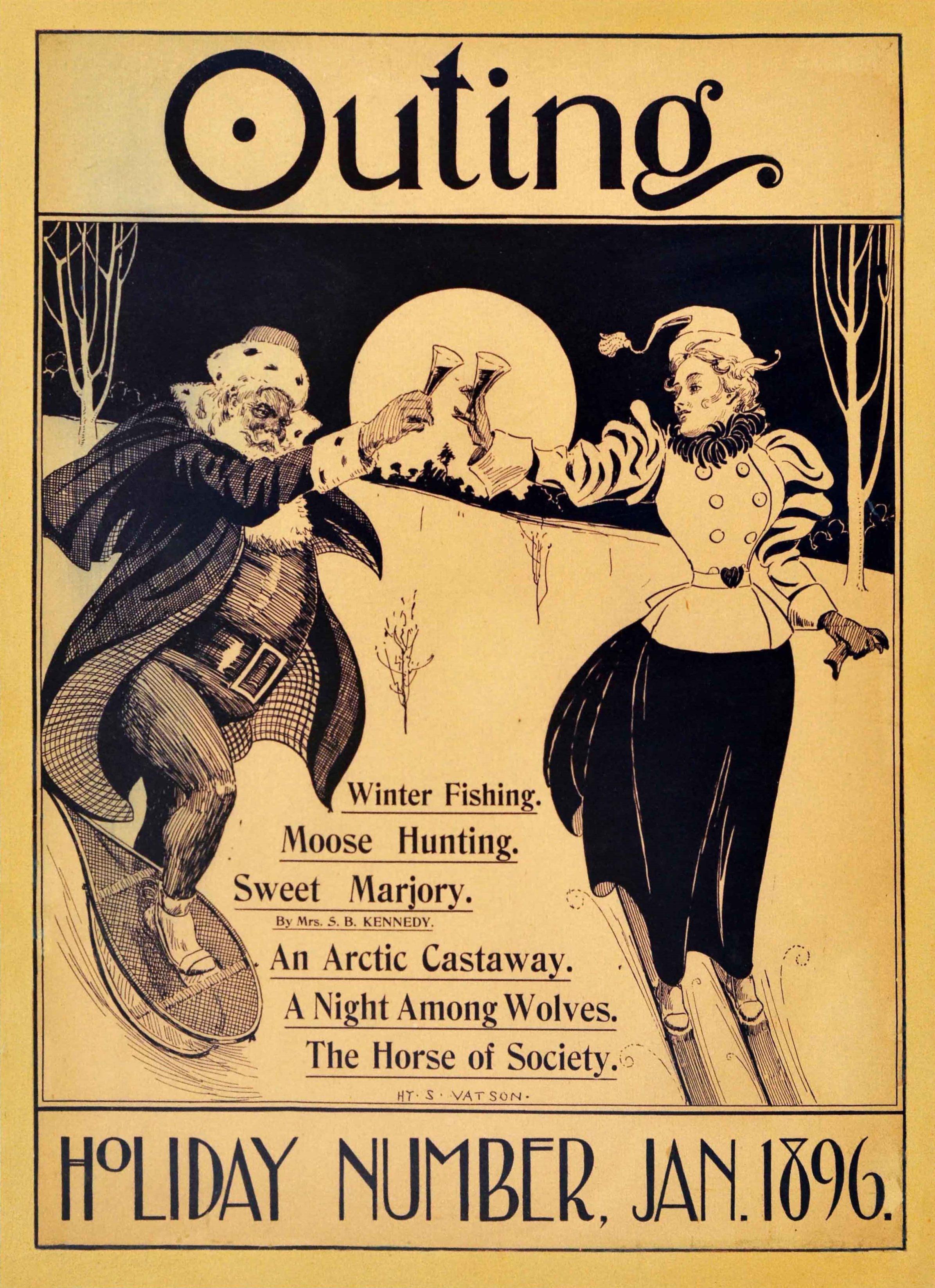 Original antique advertising poster for an American sports magazine (1882-1923): Outing Holiday Number January 1896 featuring a great winter scene showing Father Christmas / Santa Claus / St Nicholas wearing a warm coat and walking in snow shoes