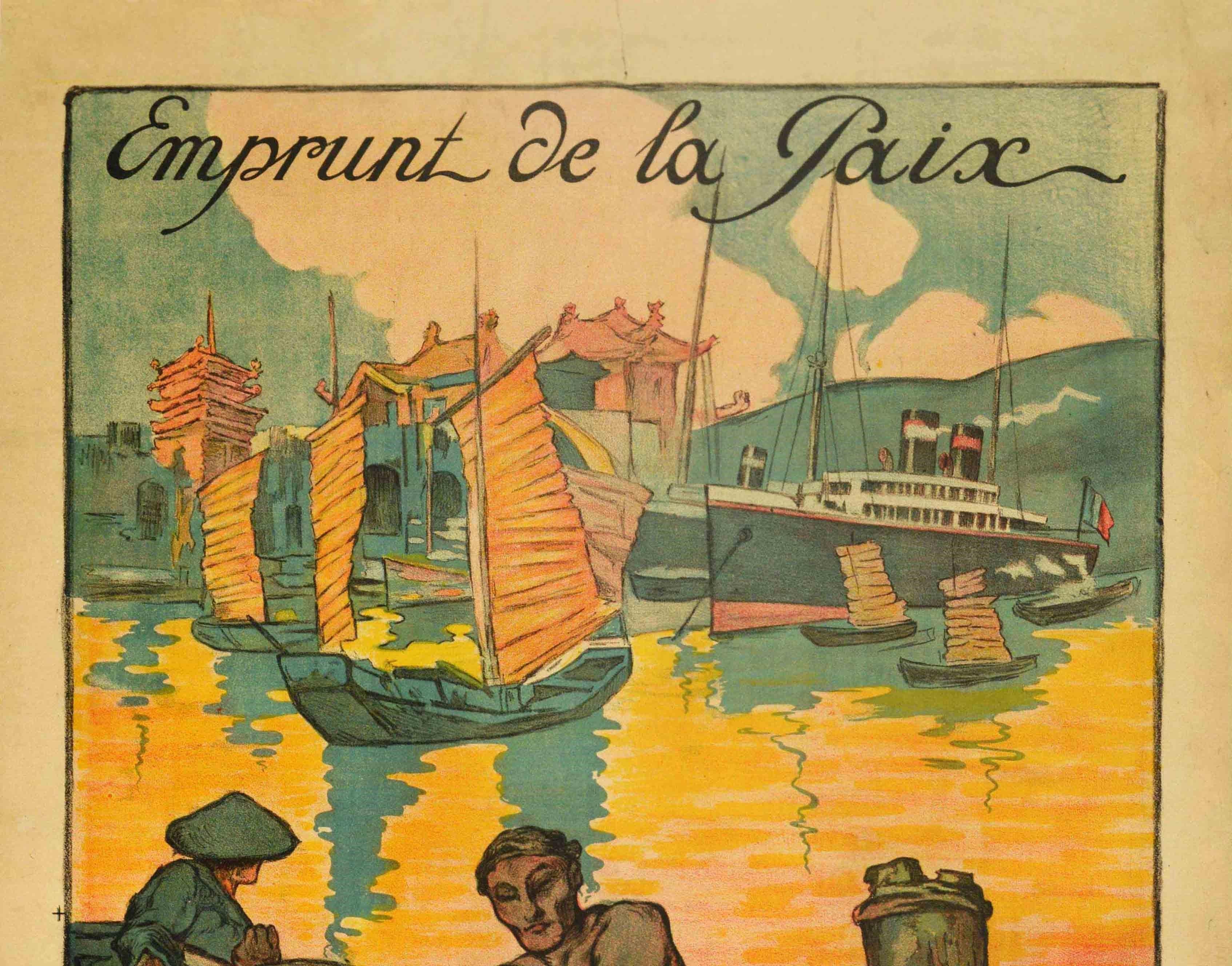 Manifesto d'epoca originale in francese - Emprunt de la Paix Souscrivez a la Banque Industrielle de Chine / Prestito per la pace sottoscrivibile alla Banca Industriale della Cina (con sede a Shanghai e Parigi; 1913-1922) - con una grande opera