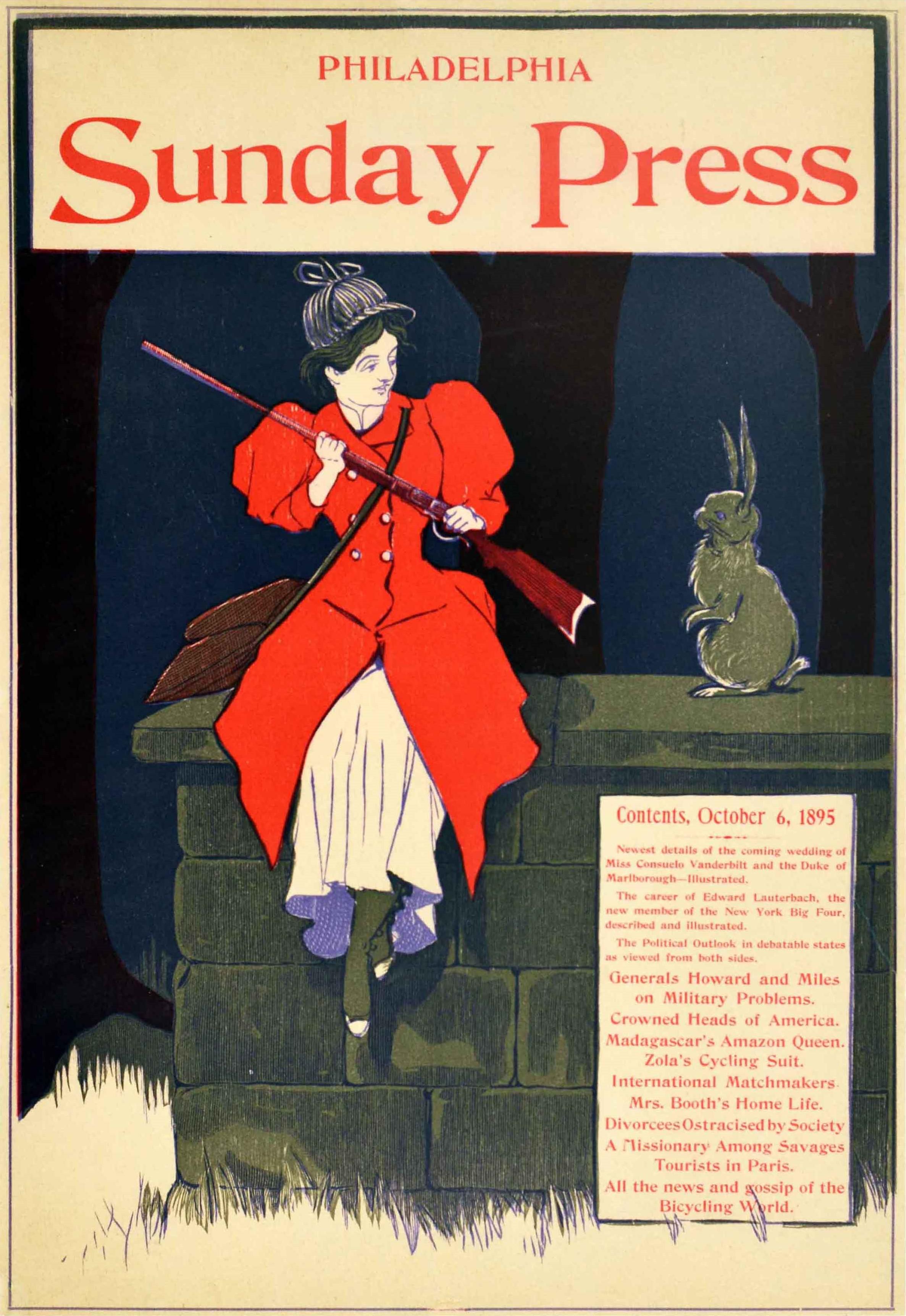 Original antique advertising poster for the 6 October 1895 issue of the Philadelphia Sunday Press newspaper (1857-1920) featuring a colourful image of a lady in a red hunter coat, deerstalker hat and bag over her shoulder, holding a rifle gun and