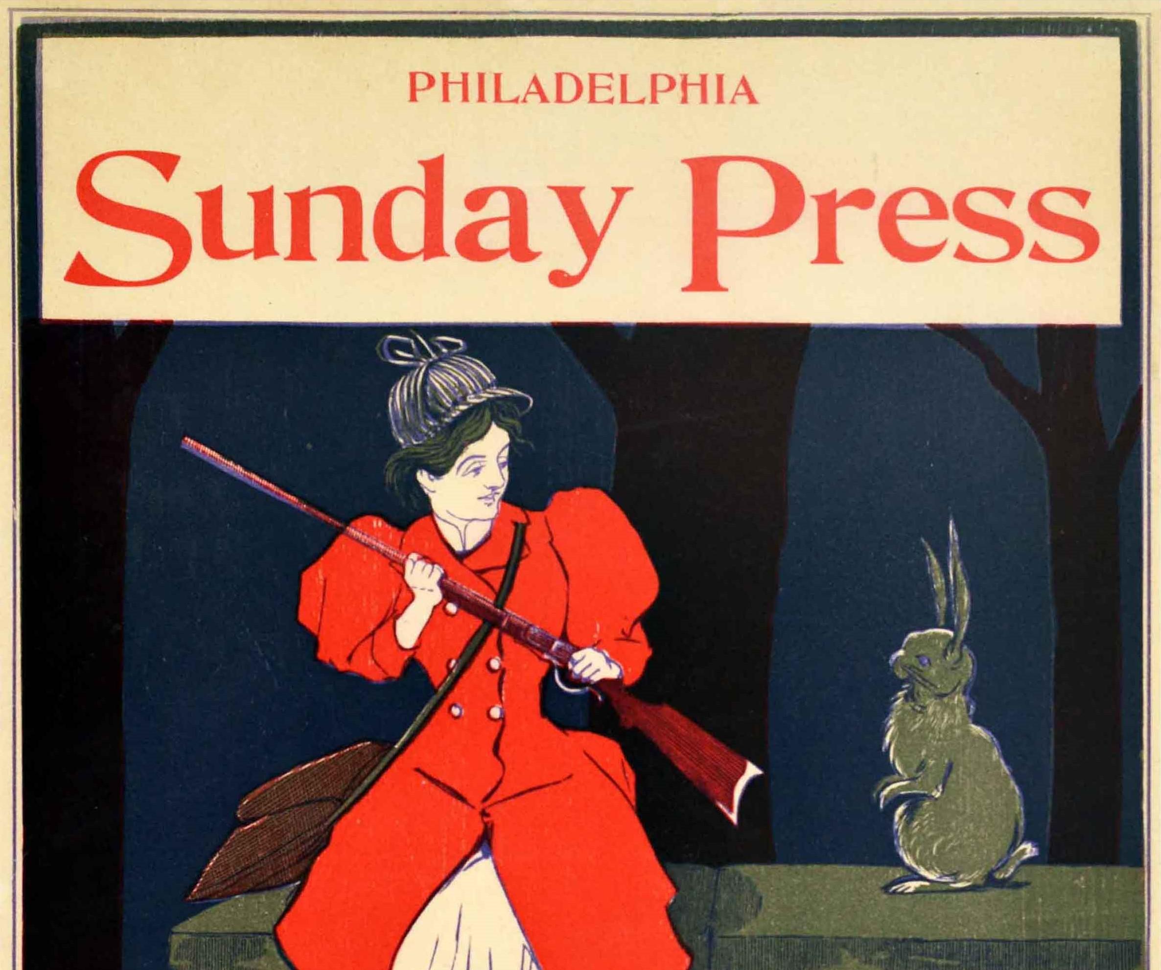 Américain Affiche ancienne d'origine Philadelphia Sunday Press News avec couverture en forme de lapin chasseur de sport en vente