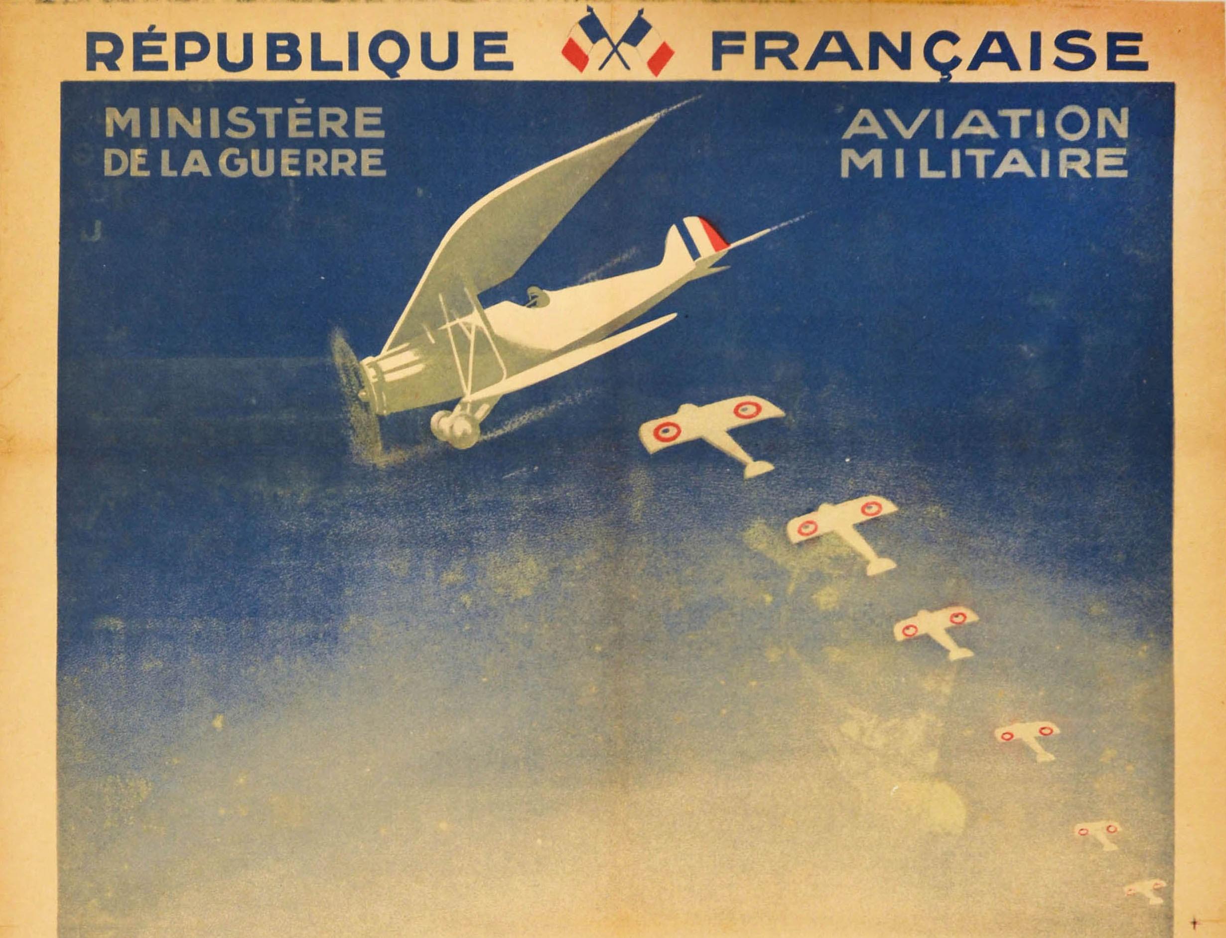 Original antique recruitment poster to encourage young people to join the air force for their military service - Republique Francaise Ministere de la Guerre Aviation Militaire Jeunes Francaise / French Republic Ministry of War Military Aviation