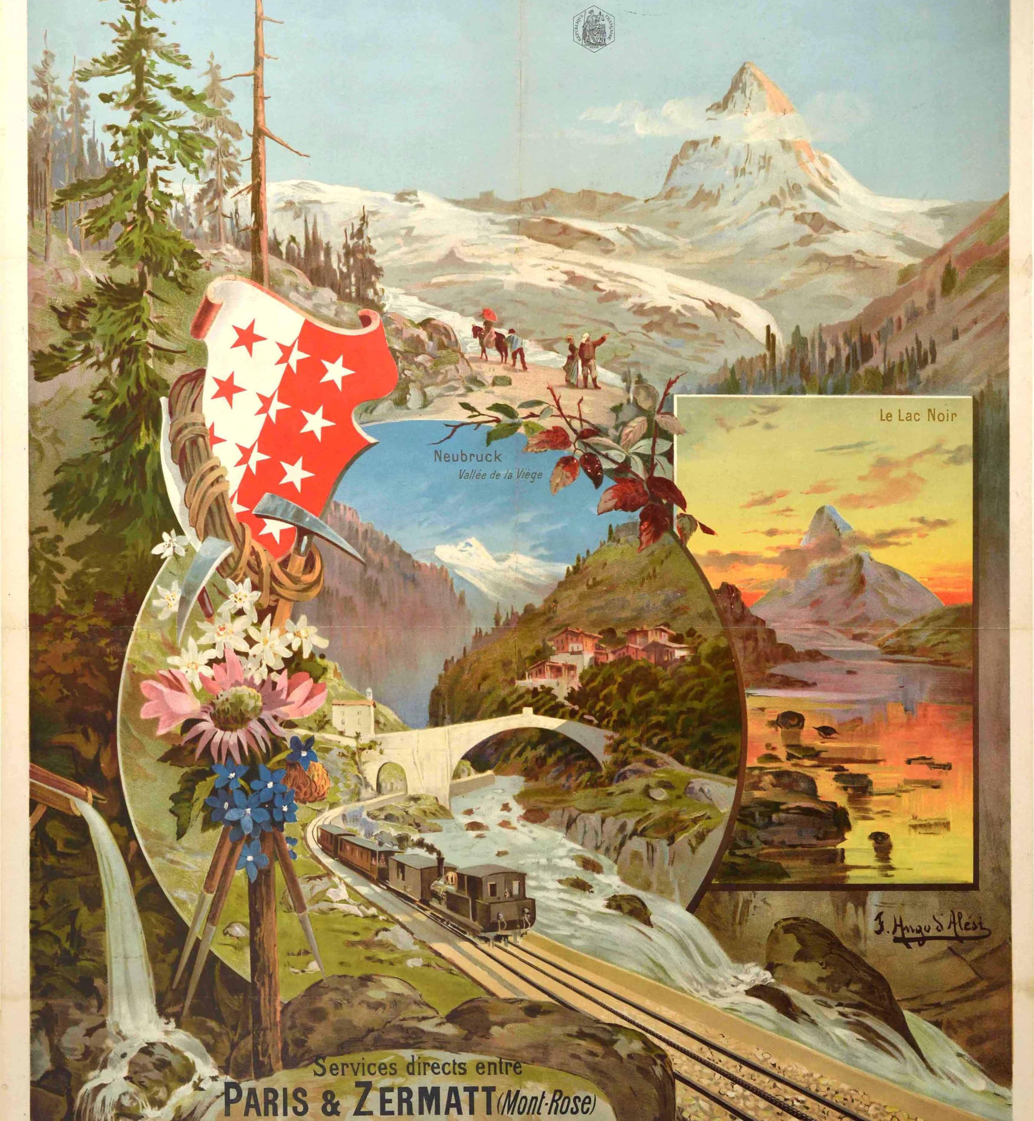 French Original Antique Poster PLM Railway Paris Zermatt Matterhorn Lac Noir Neubruck