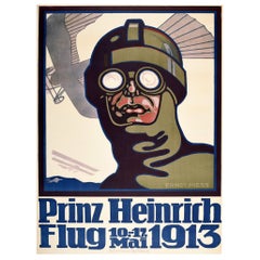 Original Antikes Originalplakat, Prinz Heinrich Flug 1913 Flugrennen, frühe Luftfahrt, Kunst