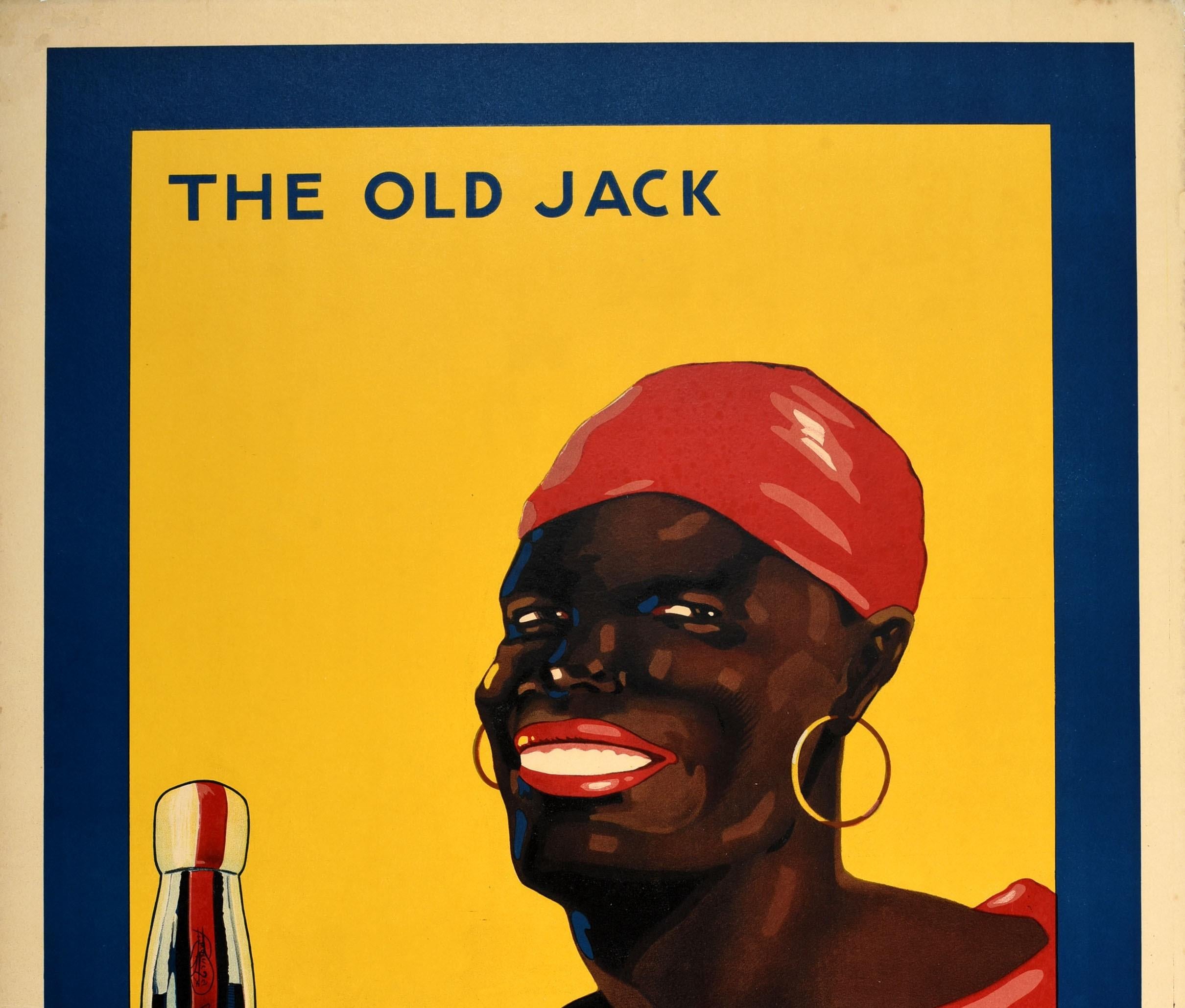 Original antique drink poster for Old Rum Rhumprat The Old Jack Estillo Jamaica Fabricado por J. Prat de la Riba Rodona West Indies Rum. Colourful image on a yellow and blue background featuring a smiling person wearing a red bandana headband and