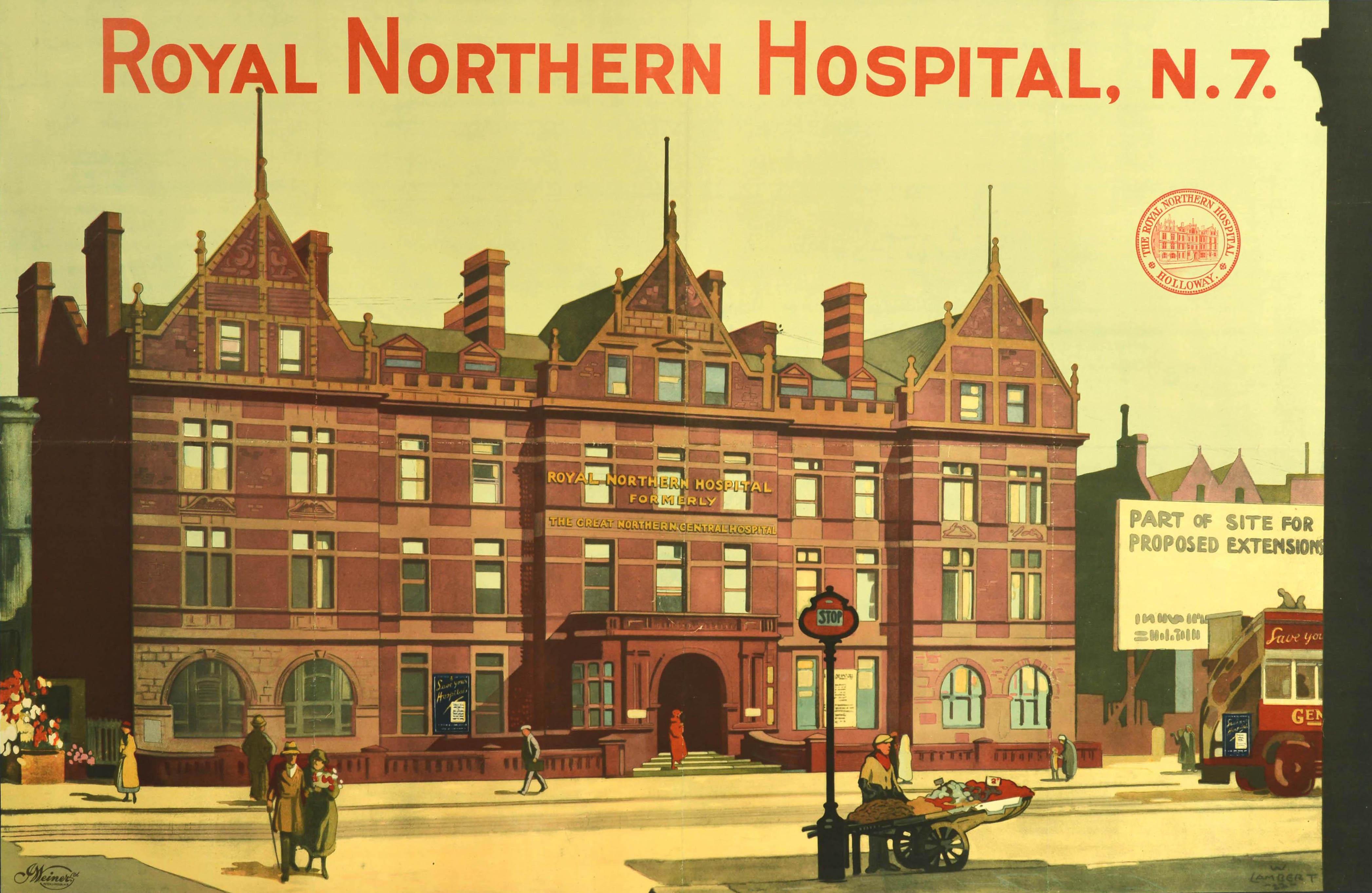 Originales antikes Plakat für das Royal Northern Hospital N7, das das schicke neue Krankenhaus zeigt, mit einer Person auf der Haupttreppe am Eingang, Menschen, die an einem Obststand und Blumenverkäufern vorbeigehen, einer Bushaltestelle und einem