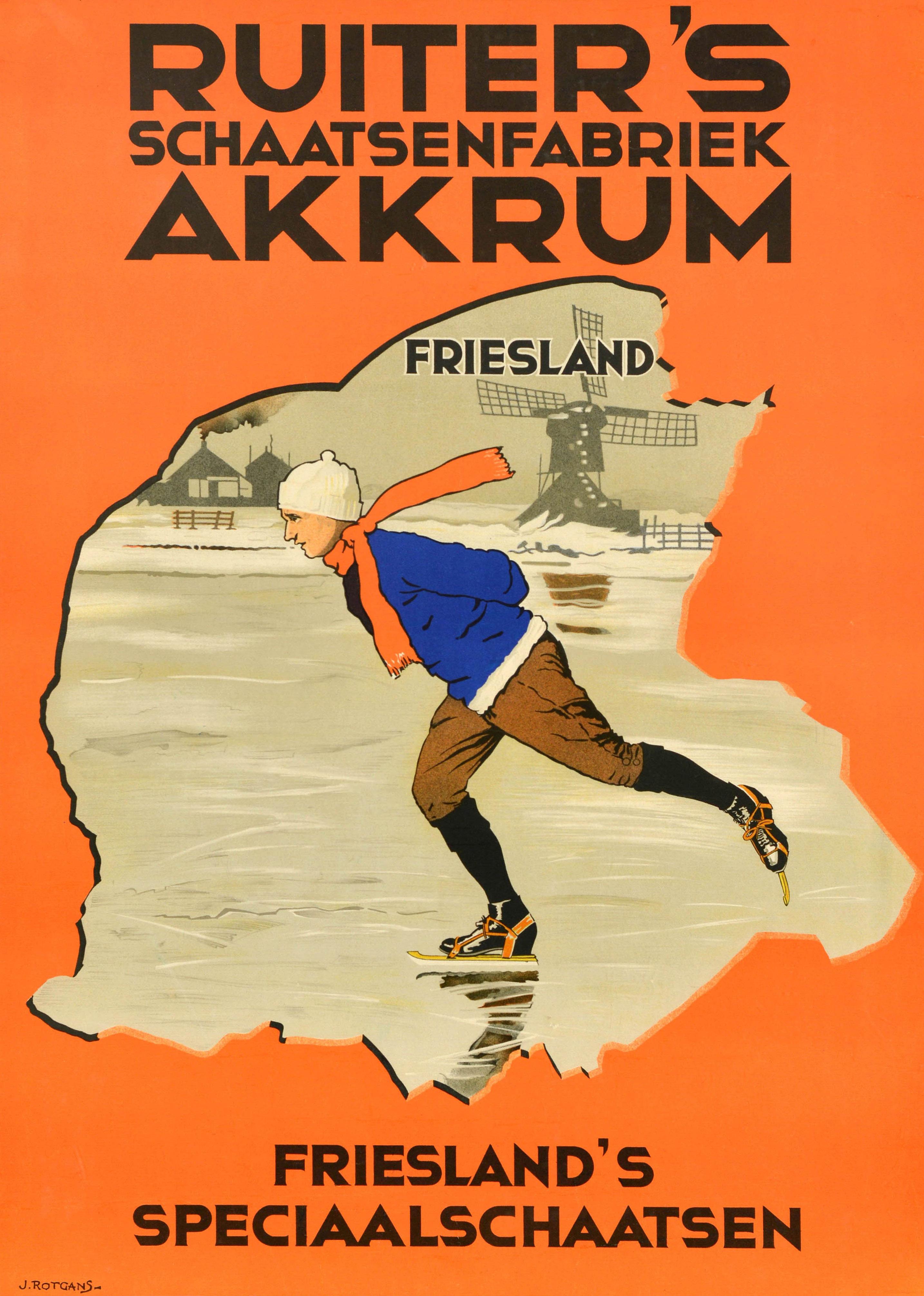 Original antique poster advertising Ruiter's Schaatsenfabriek Akkrum Friesland Speciaal Schaatsen / Ruiter's Skating Factory Akkru Friesland's Special Skates featuring an illustration by Jan Rotgans (1881-1969) depicting a winter ice skating image