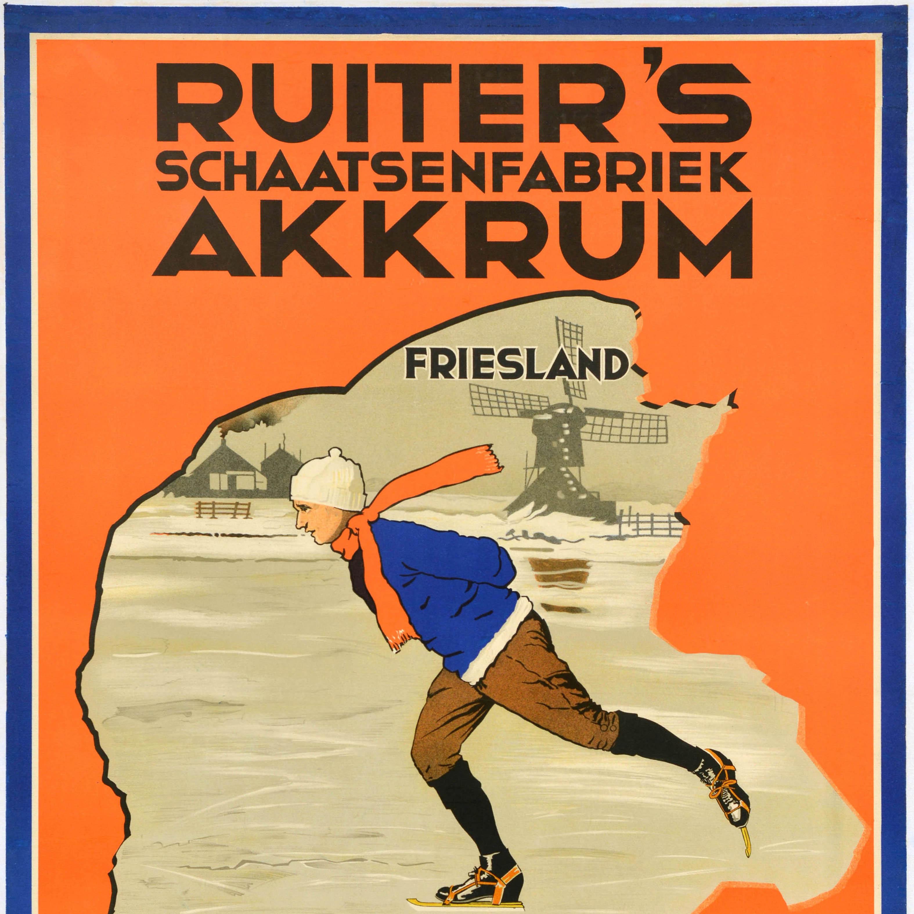Dutch Original Antique Poster Ruiter Ice Skating Factory Friesland Special Skates For Sale