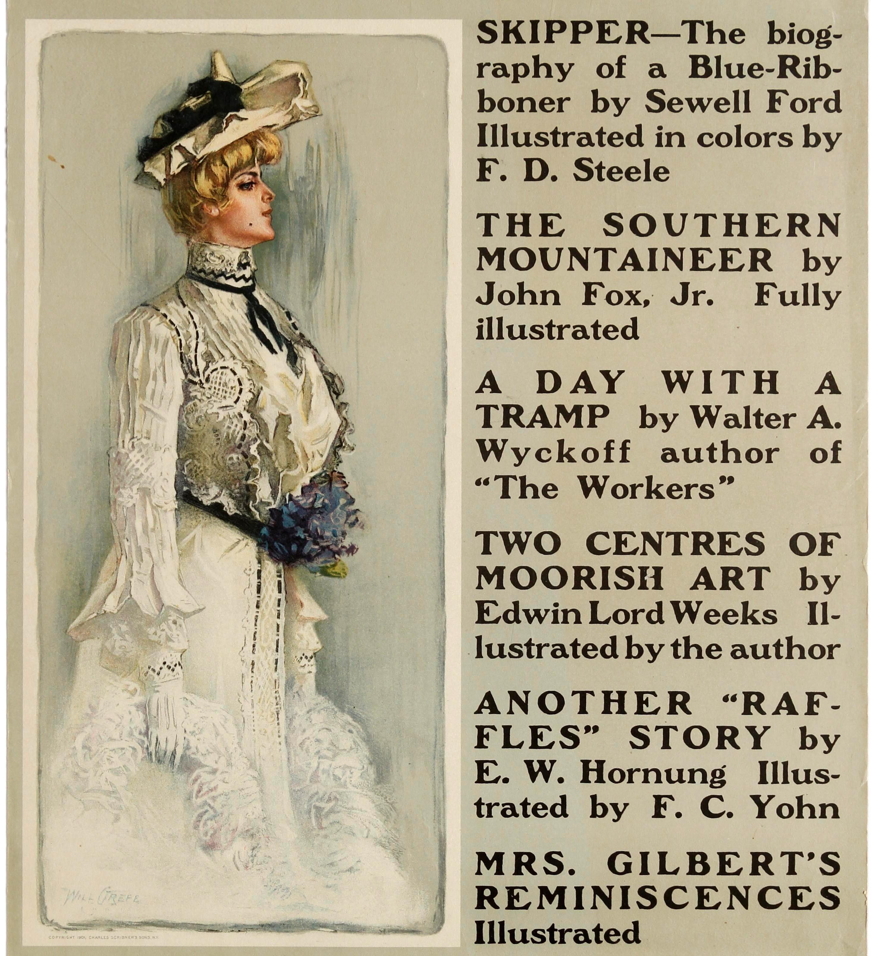 American Original Antique Poster Scribner's For April 1901 Illustrated Magazine Stories For Sale