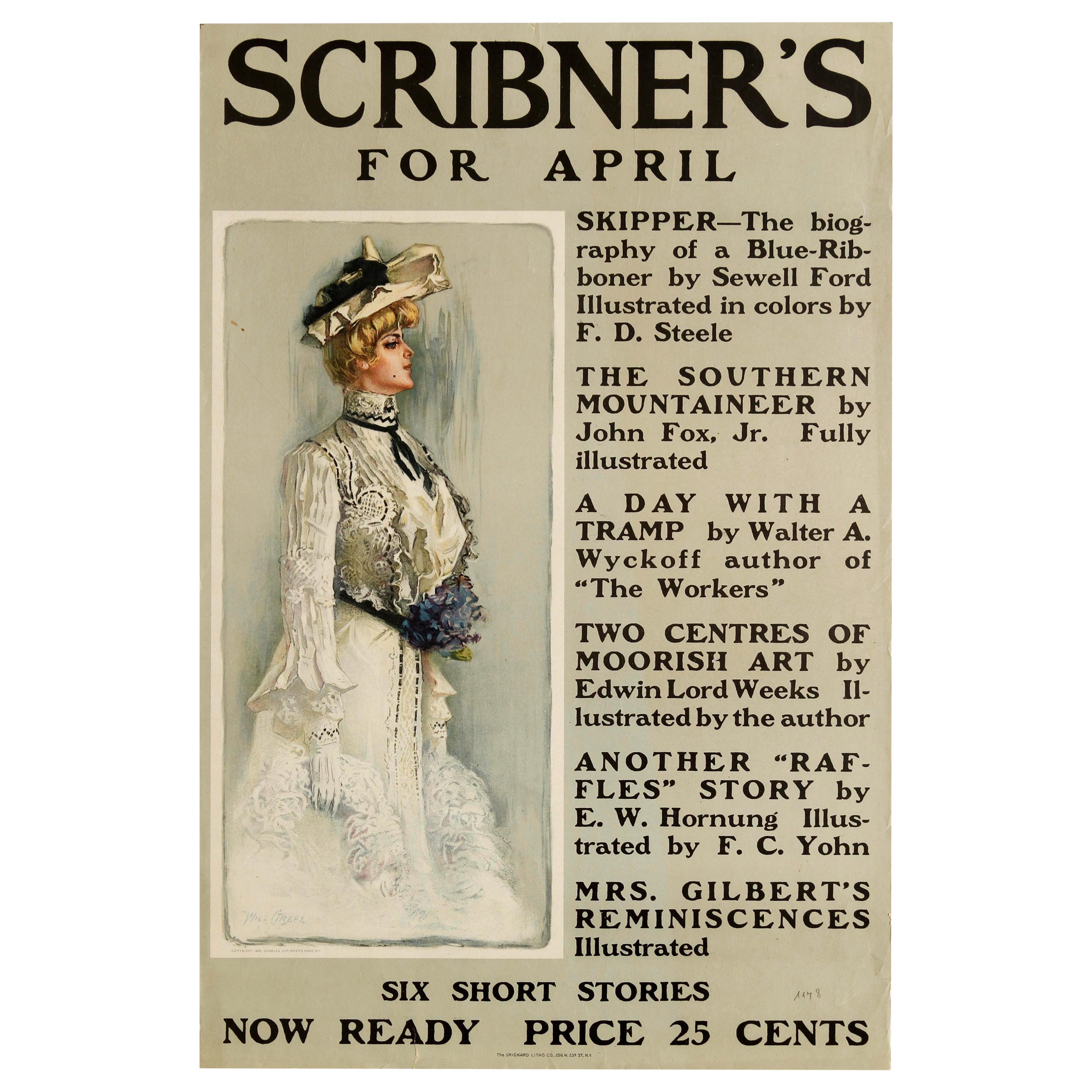 Original Antique Poster Scribner's For April 1901 Illustrated Magazine Stories For Sale