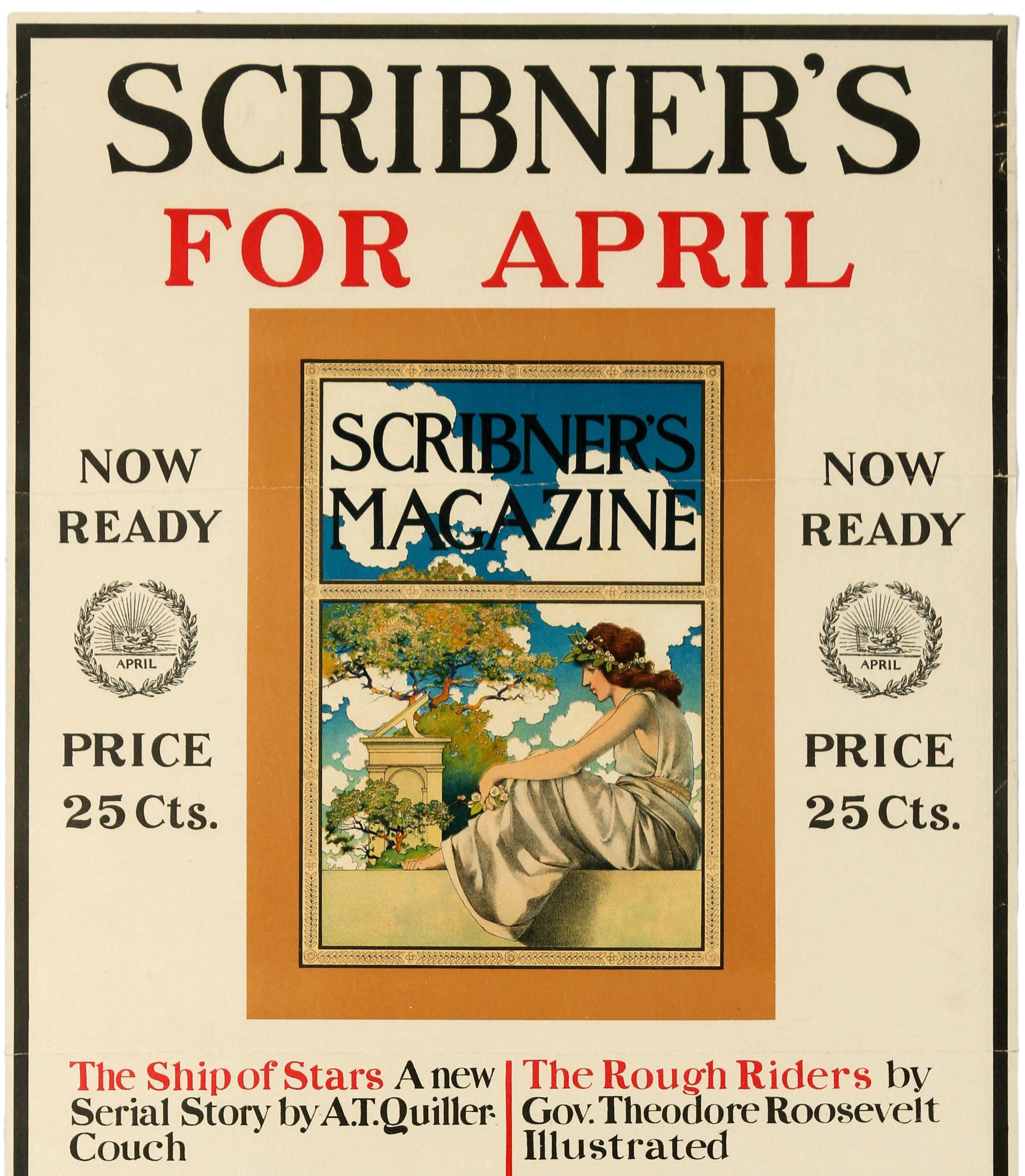 Original antique magazine advertising poster for the American periodical Scribner's (1887-1939) featuring a colourful neoclassical Art Nouveau illustration by the notable artist Maxfield Parrish (1870-1966) of an elegant lady wearing an ancient