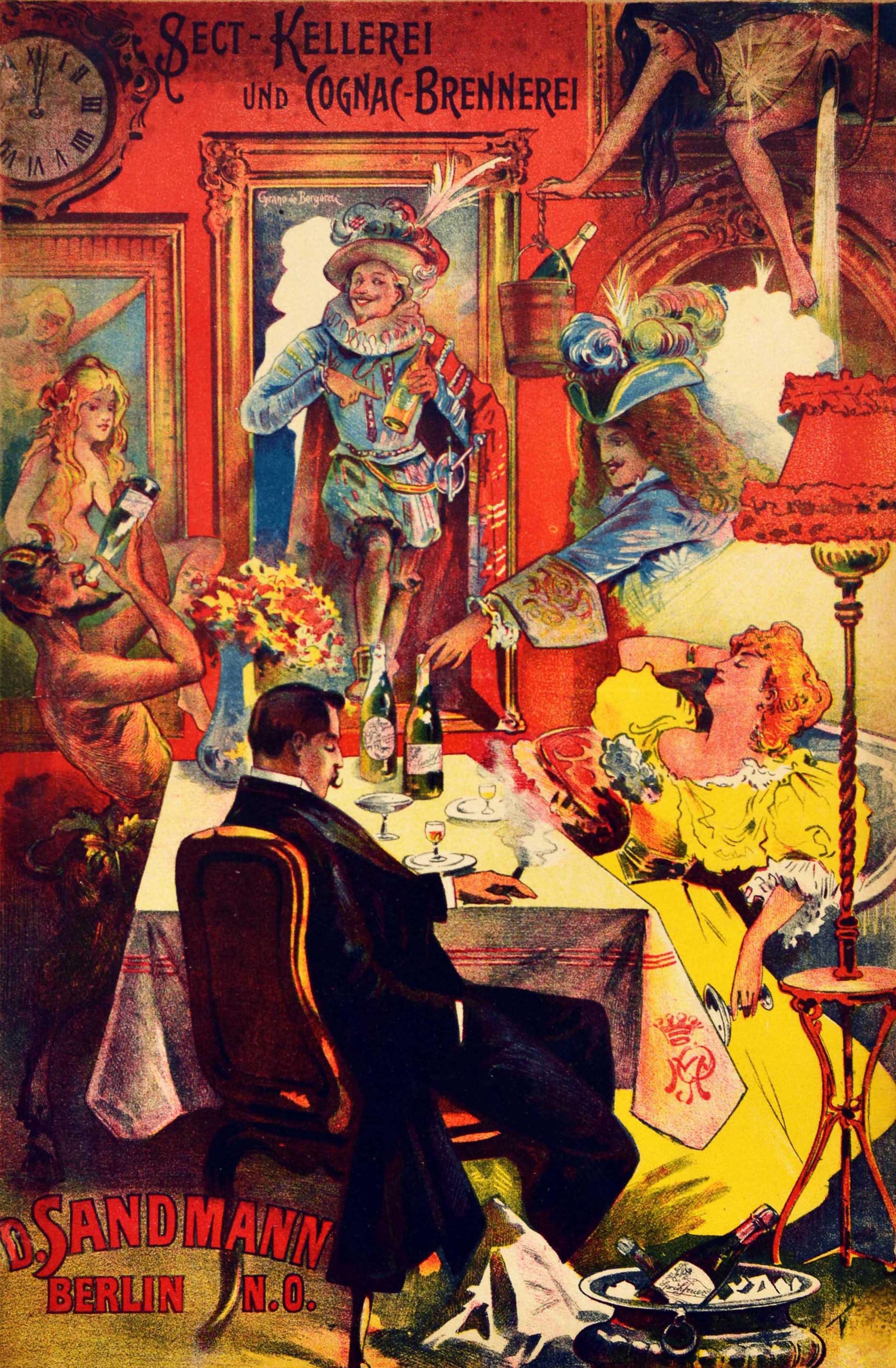 Original Antique Poster Sect Kellerei Champagne Cognac Brennerei Art