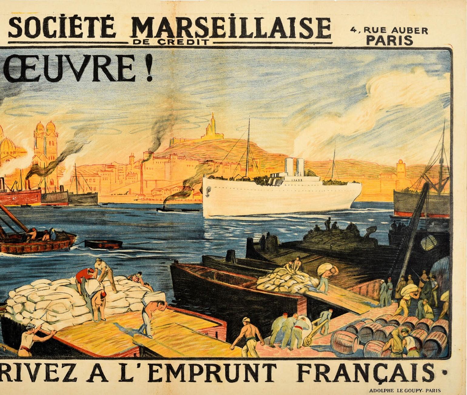 French Original Antique Poster Societe Marseillaise De Credit Post WWI Rebuilding Loan For Sale