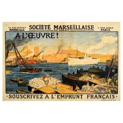 Original Antikes Originalplakat Societe Marseillaise De Credit Post WWI Rebuilding Loan, Original