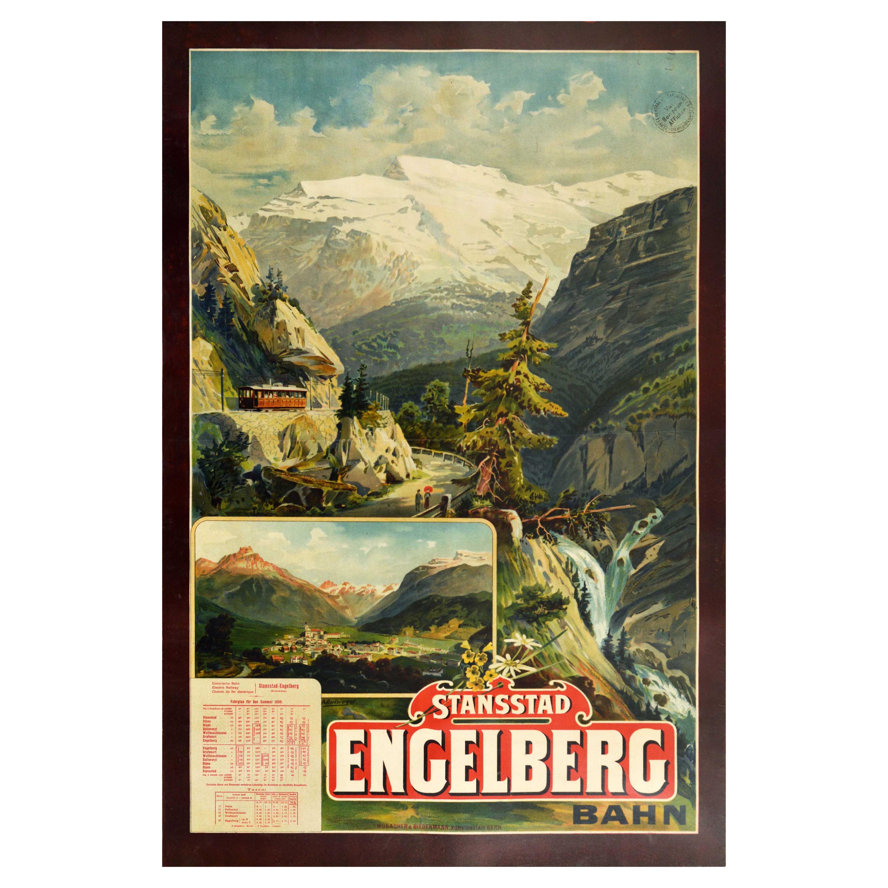 Affiche vintage d'origine Stansstad Engelberg, Vue des Alpes suisses depuis le chemin de fer, Suisse