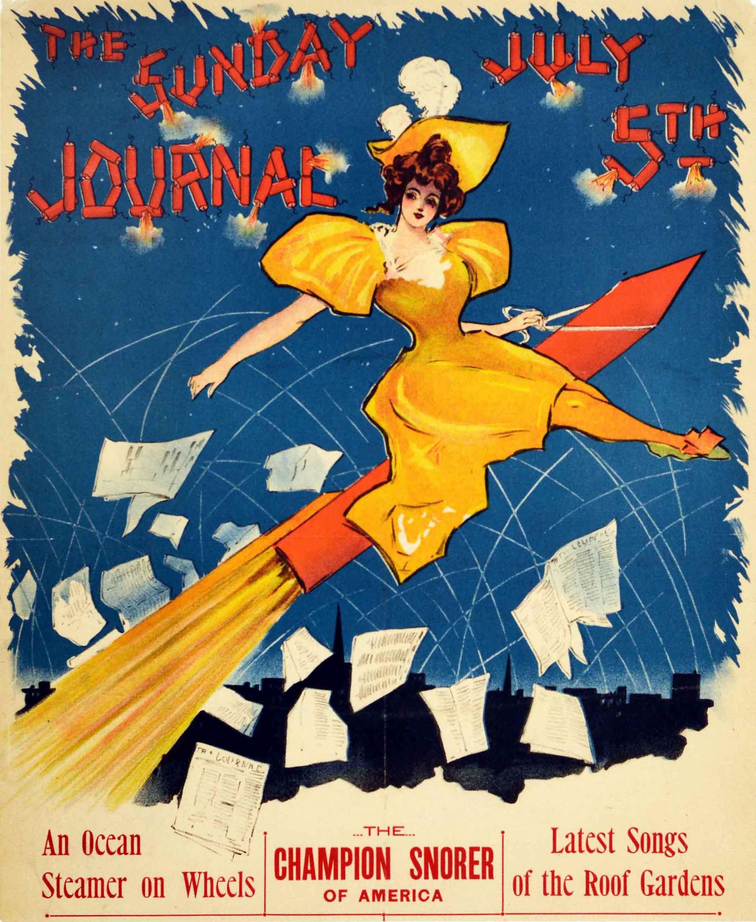 Original antique advertising poster for The Sunday Journal 5 July 1896 featuring a colourful Belle Epoque design by Ernest Haskell (1876-1925) for the Independence Day celebrations showing a lady in a yellow dress flying over a city skyline on a red