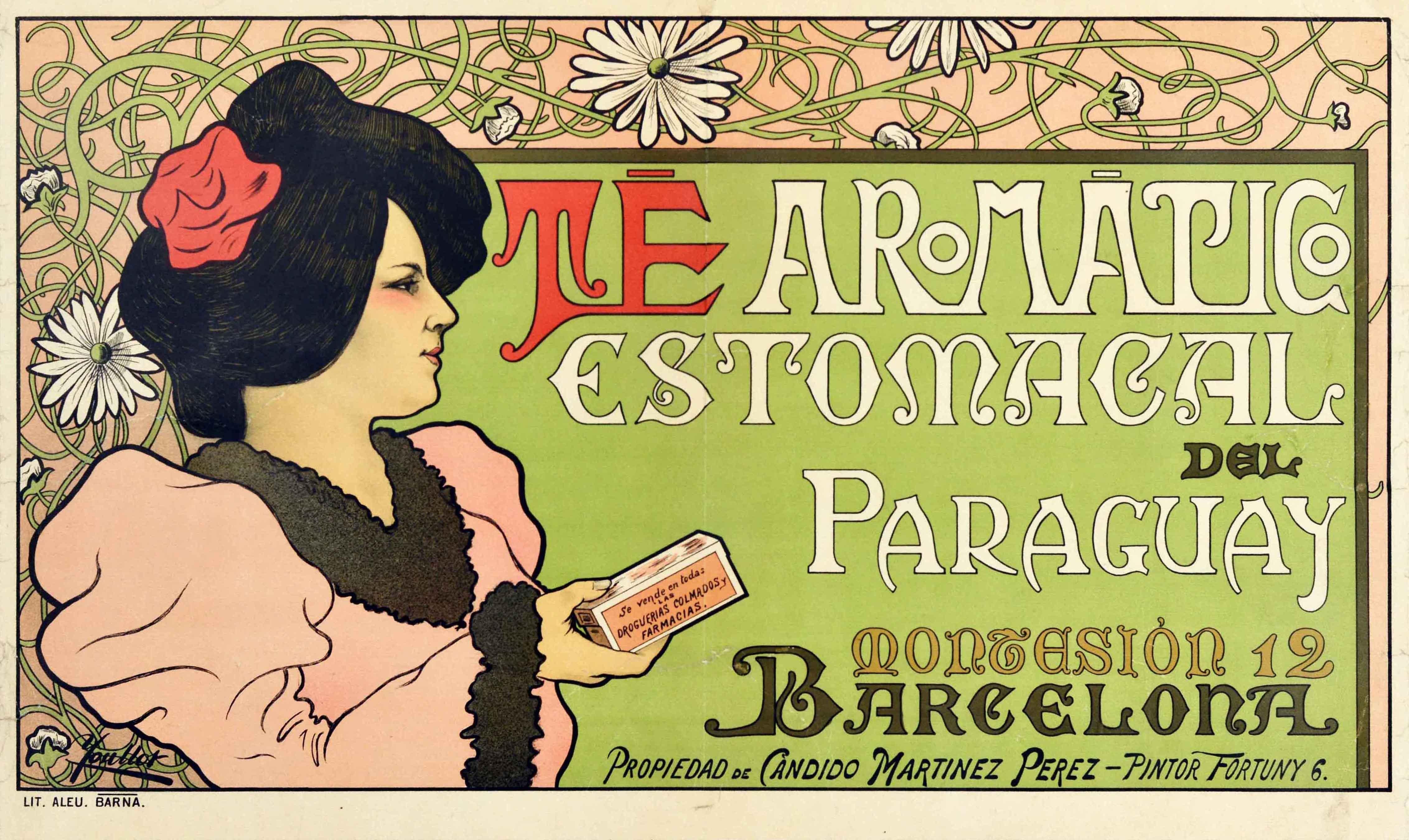 Original antique advertising poster for Aromatic Stomach Tea from Paraguay / Te Aromatico Estomacal del Paraguay featuring a stunning Art Nouveau image of a fashionably dressed lady with a red flower in her hair depicted holding a box of tea set