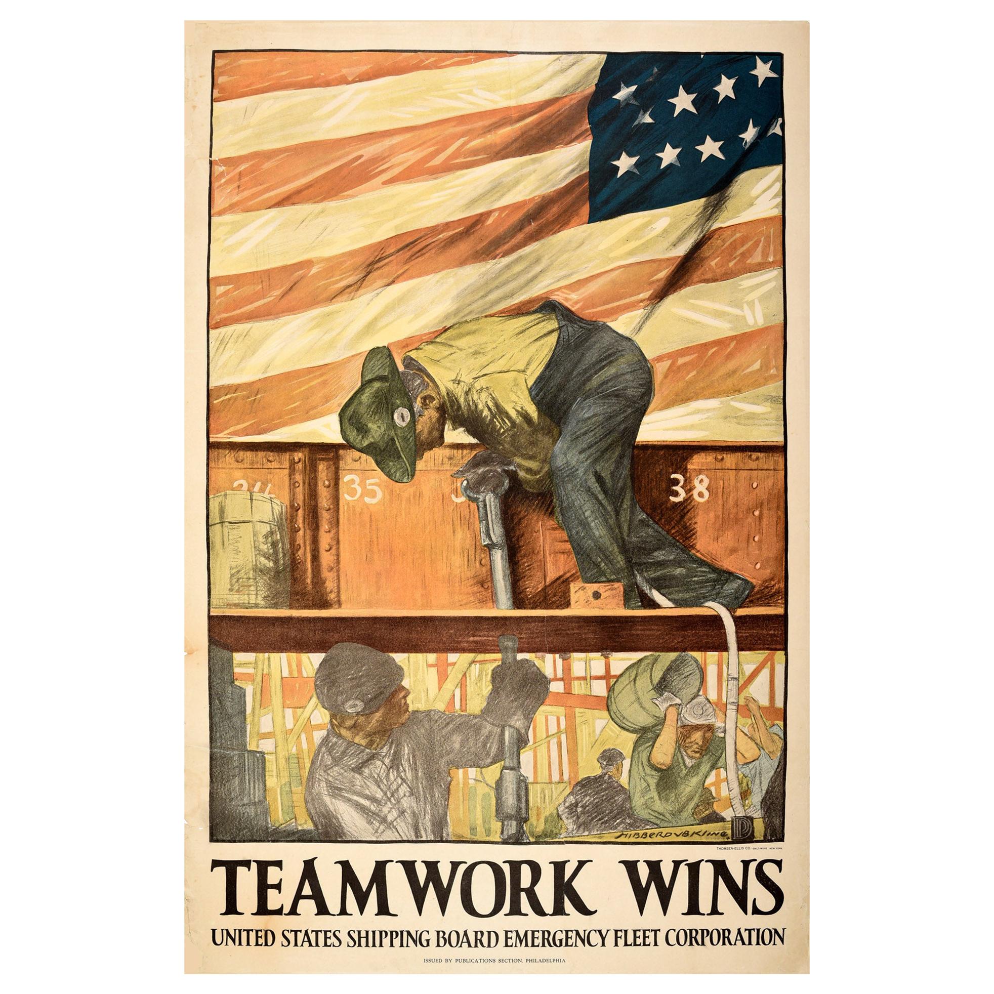 Original Antique Poster Teamwork Wins US Shipping Board Emergency Fleet WWI Flag For Sale