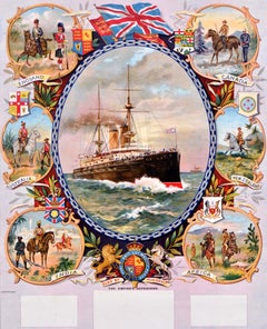 Original Antique Poster The Empire Defenders Soldiers Dreadnought Battleship