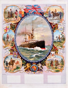Original Antique Poster The Empire Defenders Soldiers Dreadnought Battleship